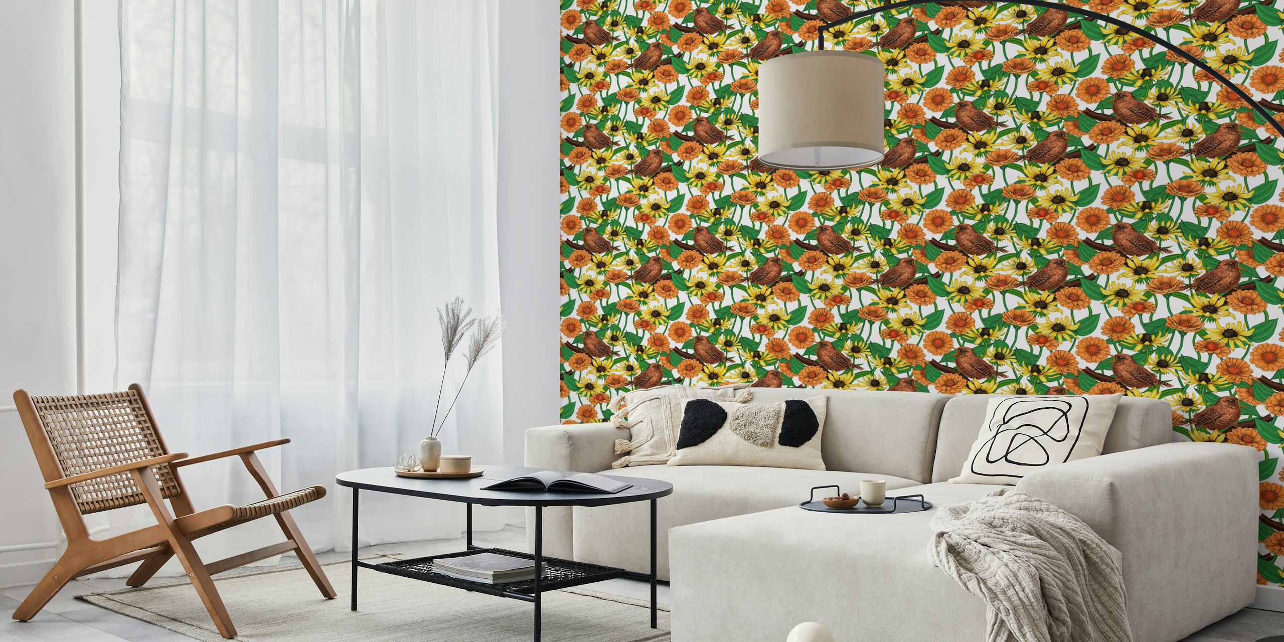 Brown wrens and vibrant orange and yellow flowers wallpaper
