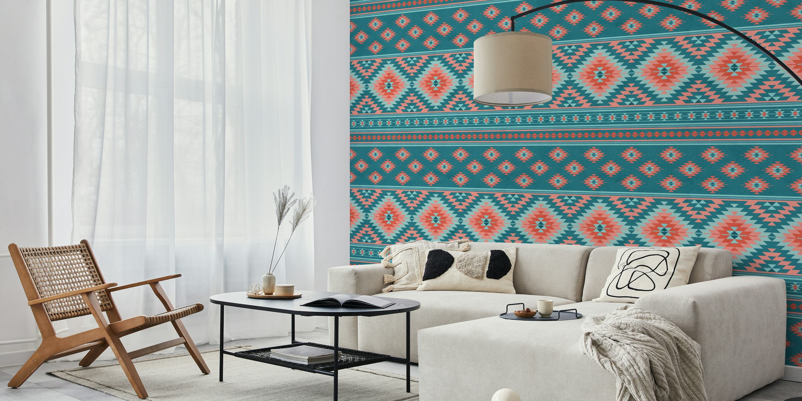 Kilim striped wallpaper in teal blue and coral red colors