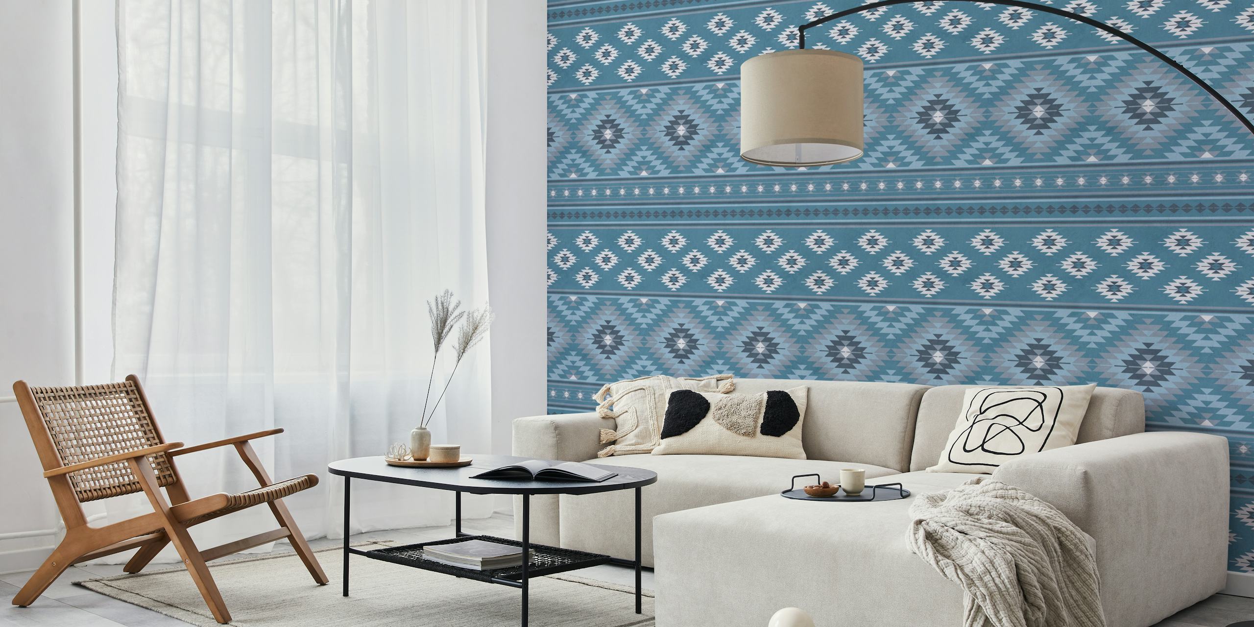 Kilim striped pattern in slate denim blue with geometric shapes wallpaper