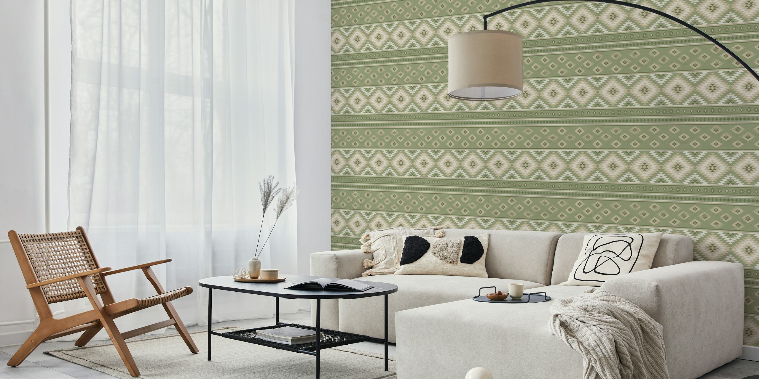 Kilim Stripes veggmaleri i oliven salviegrønn og beige med geometriske mønstre