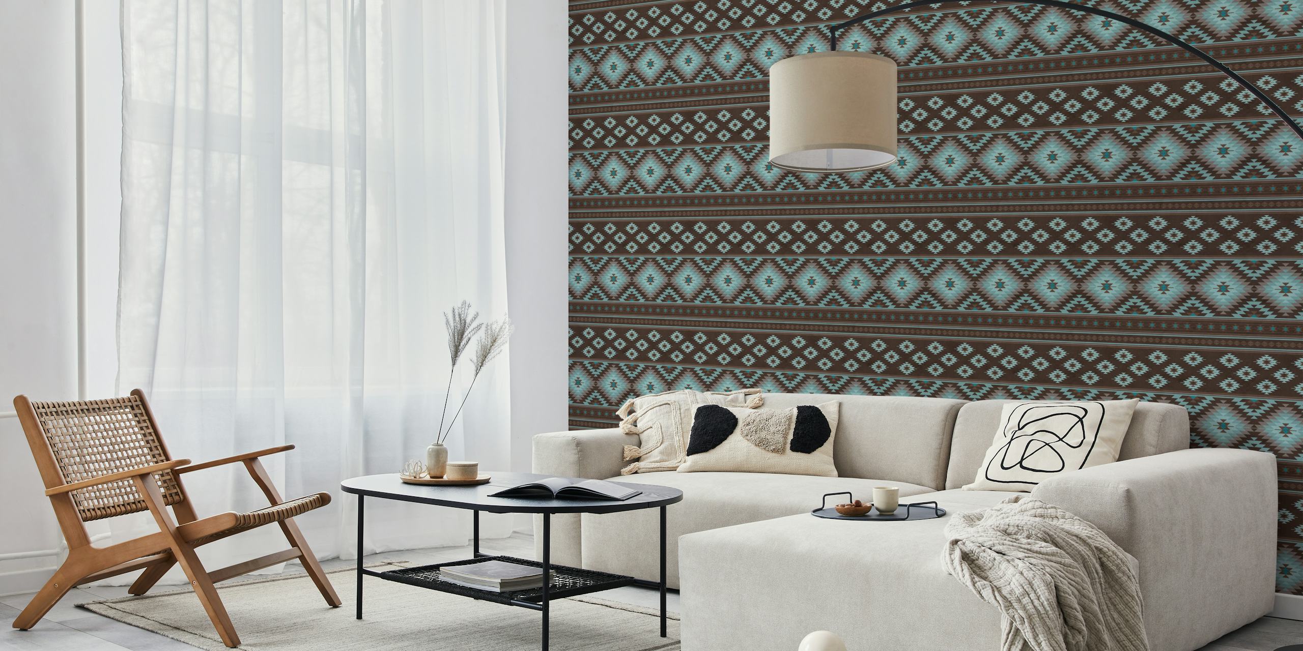Kilim stripes in brown and blue wallpaper in a room