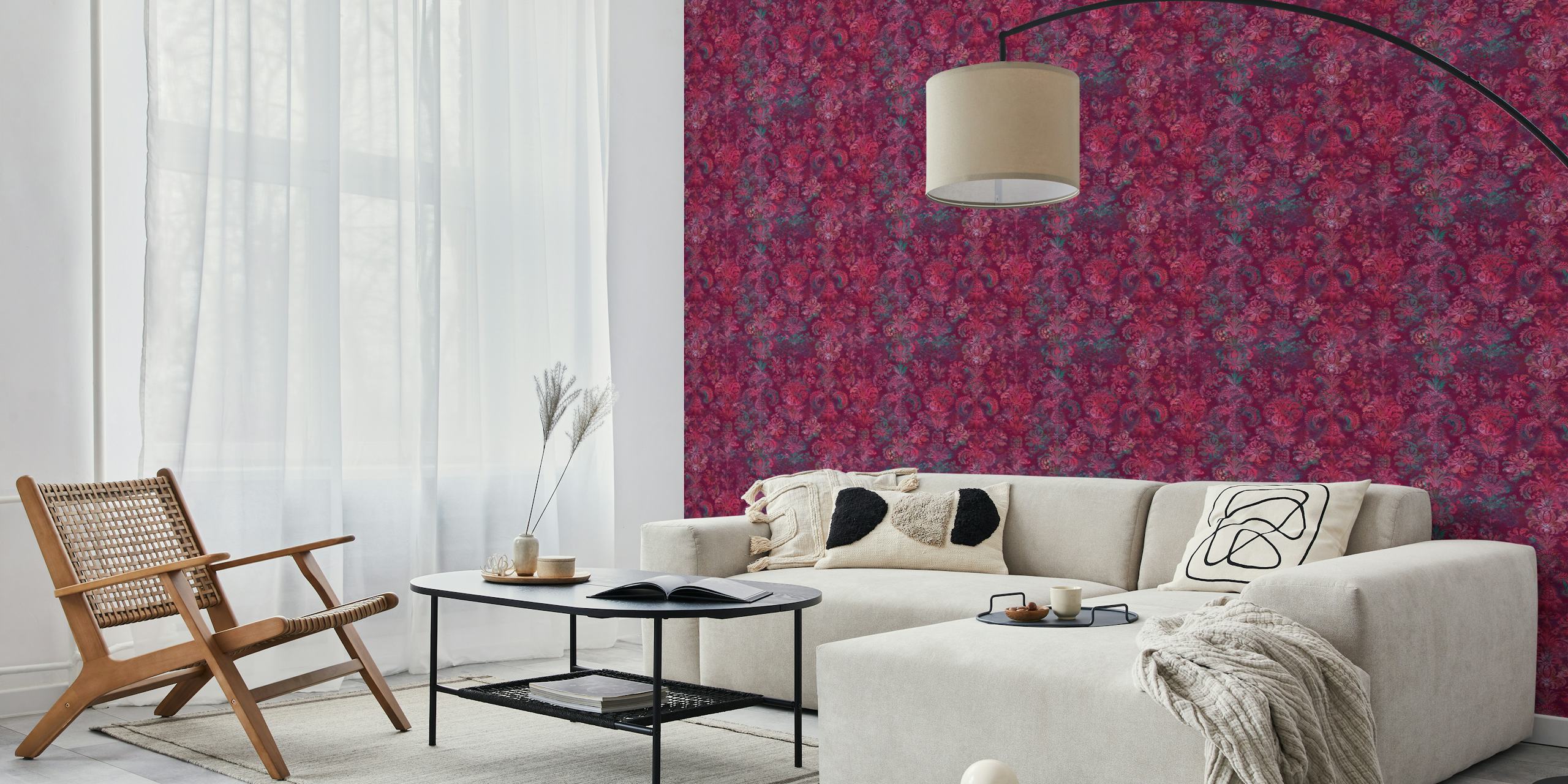 Grunge Damask Pattern in Burgundy Emerald