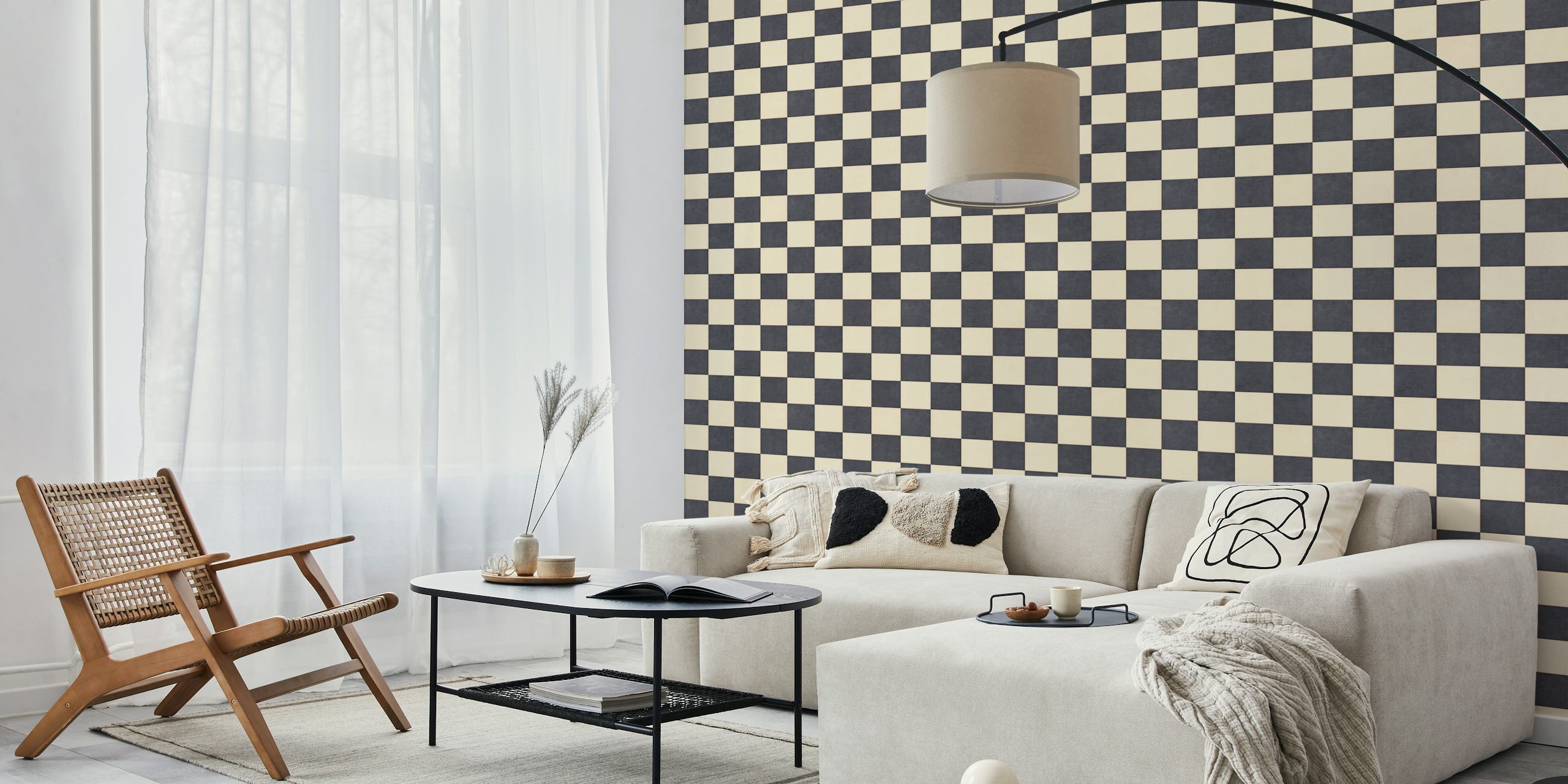 Checkerboard pattern in black and beige wallpaper