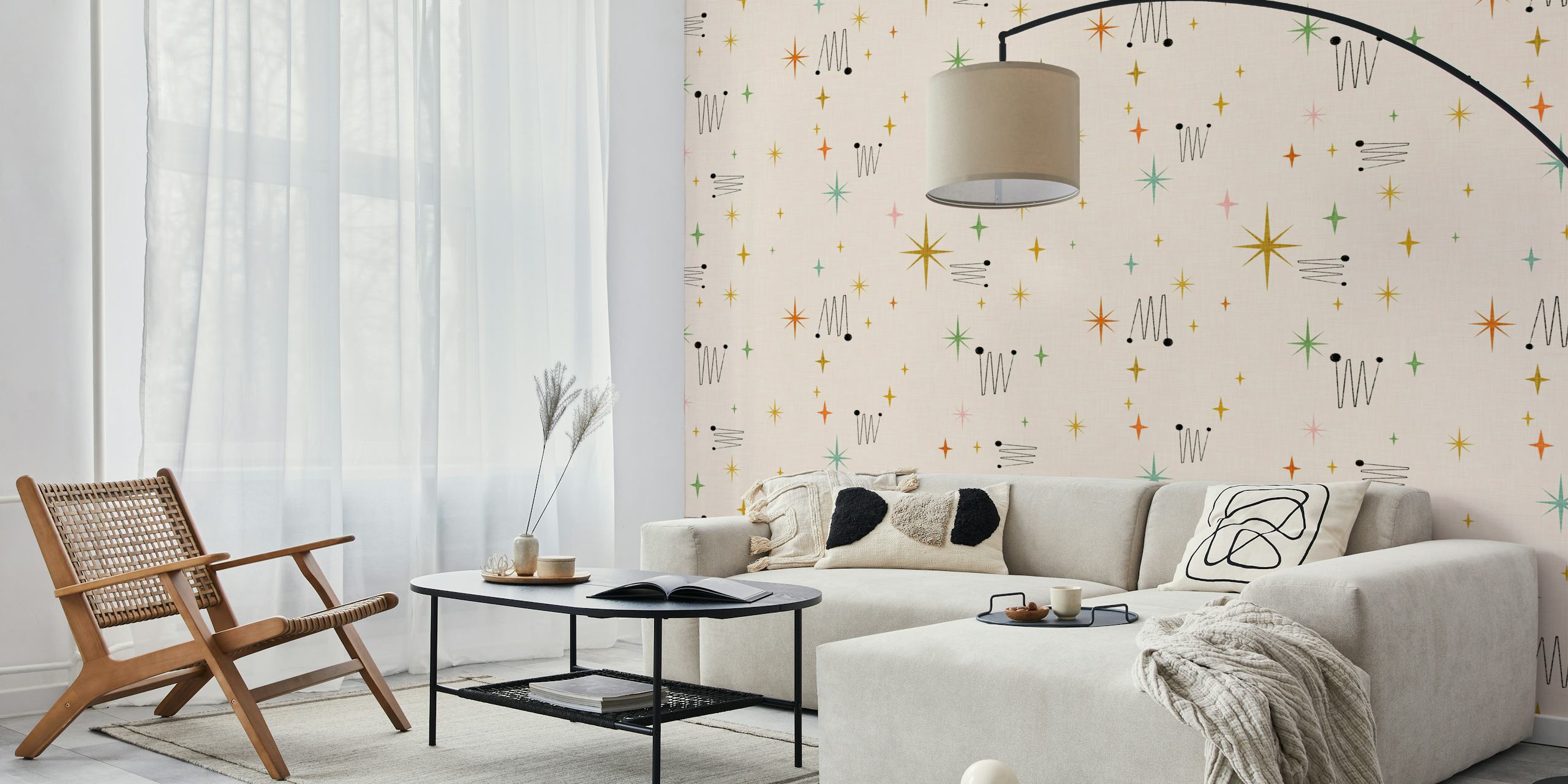 Colorful starburst patterns in pink, green, orange, and black wallpaper