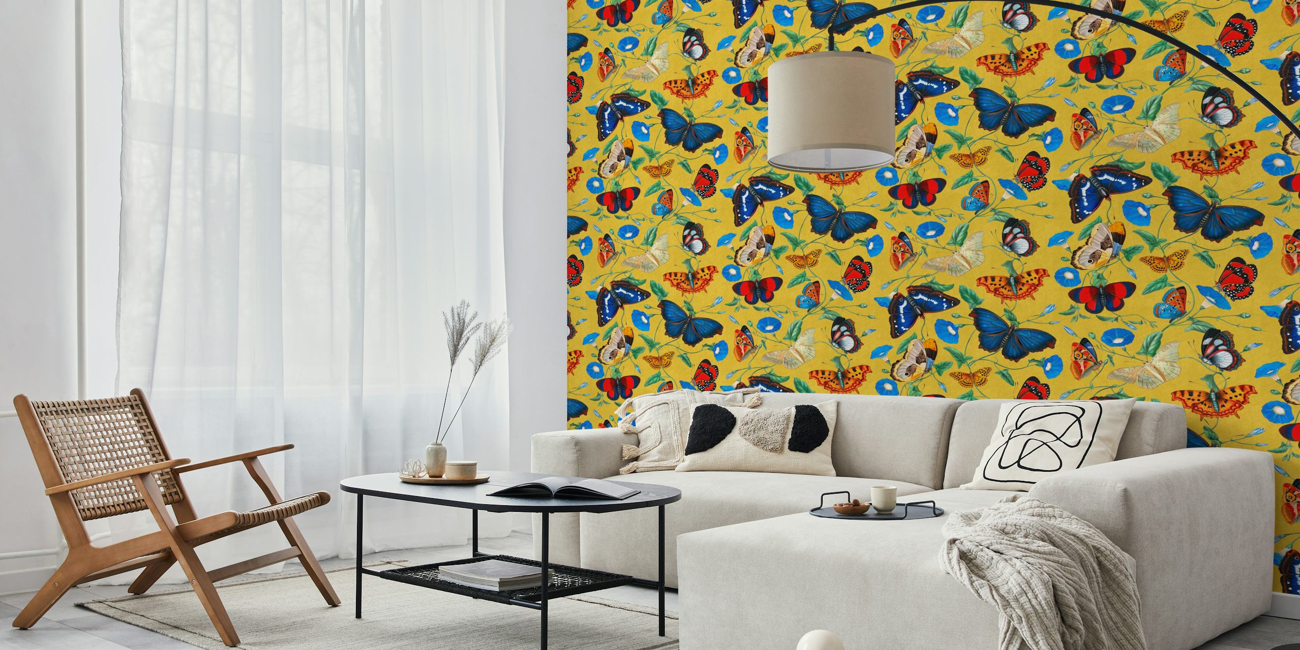 Papillonia - Morning Glory with Butterflies in lemon yellow