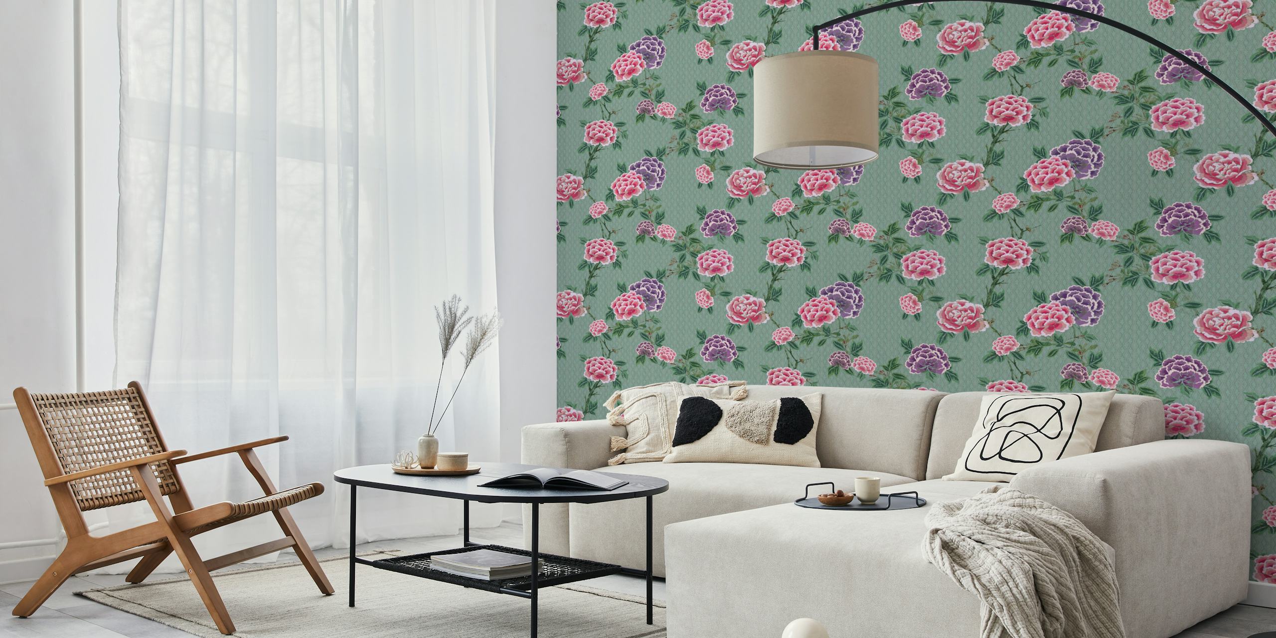 Chinoiserie floral pattern in pink and purple on teal wallpaper