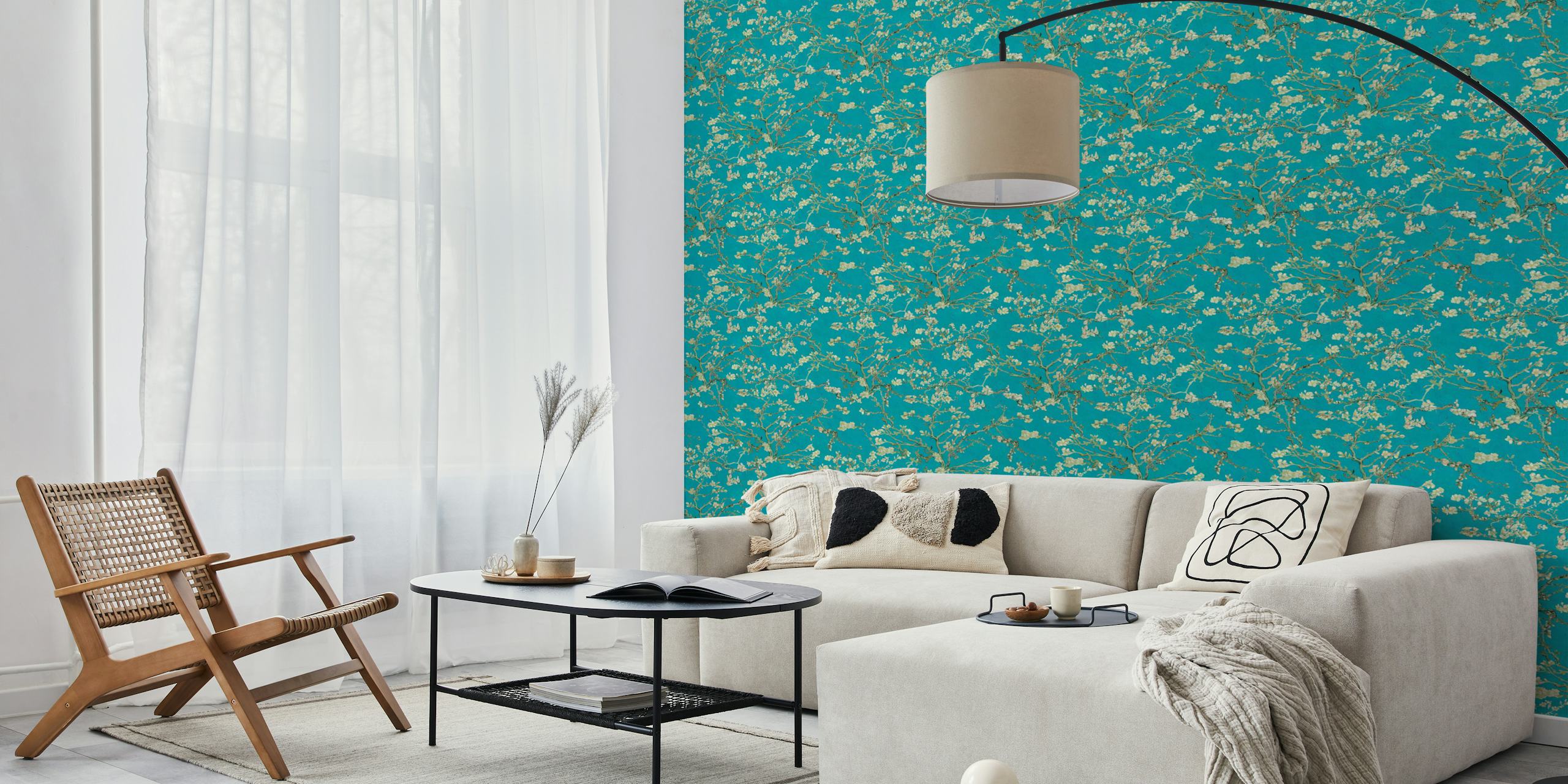 Almond blossom art by Van Gogh on a teal blue background with sage and olive green accents for wall mural