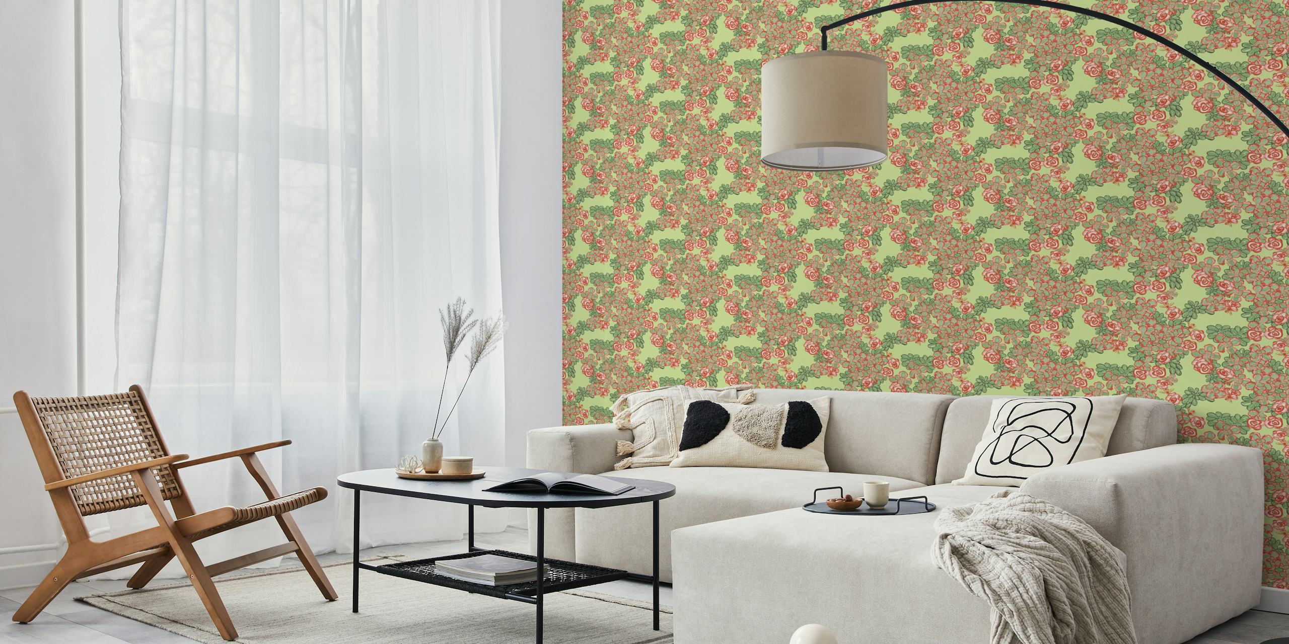 Floral pattern with pink flowers and green leaves on light green background wallpaper