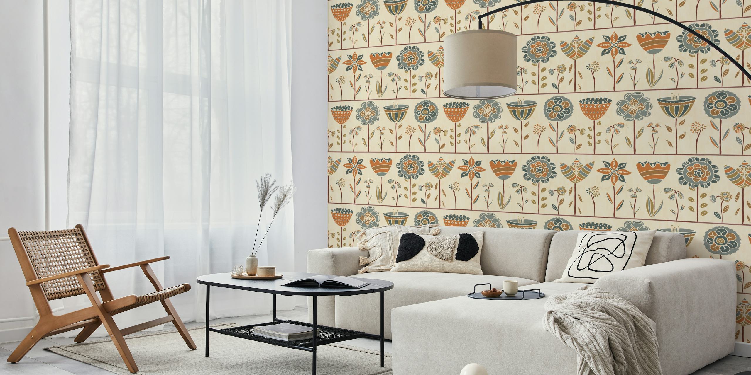 Scandinavian floral garden wallpaper in a room