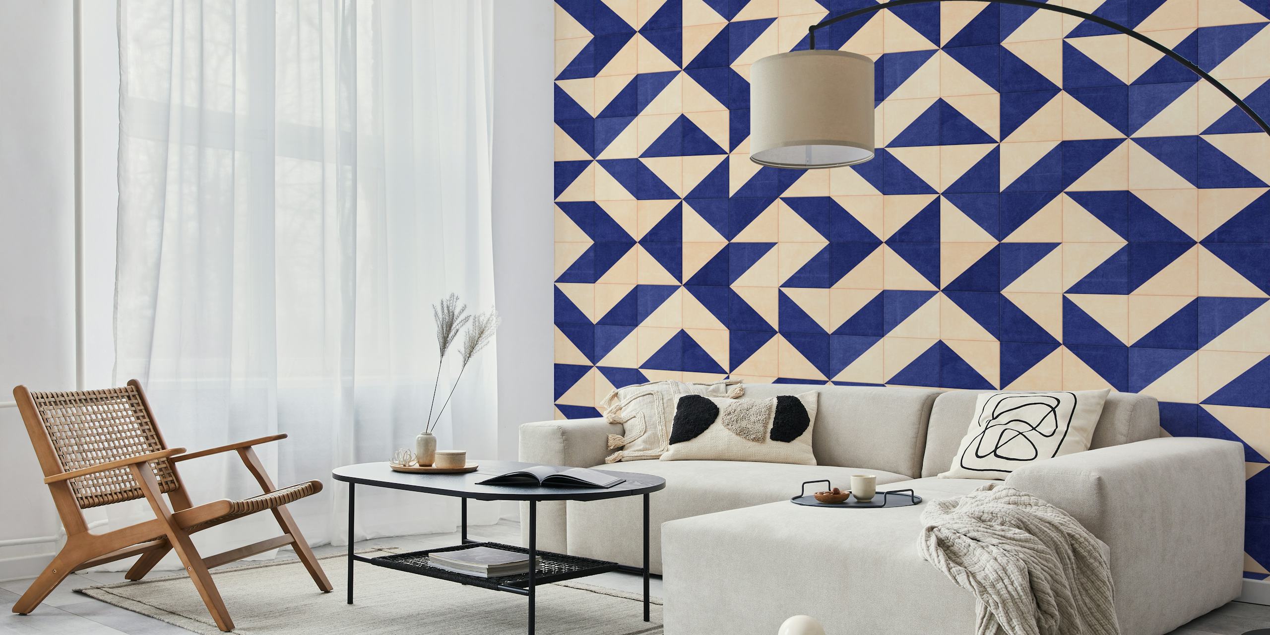 Tiles 007 A - Veggdekor Med Geometrisk Mønster I Blå Og Beige Nyanser
