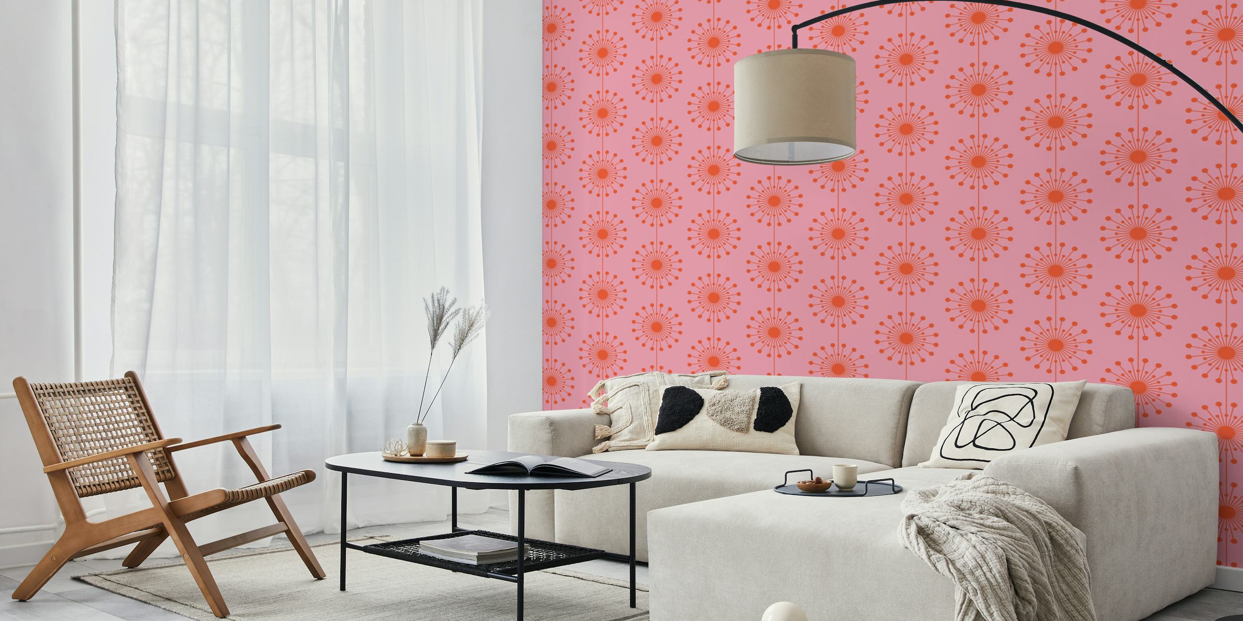 Midcentury modern floral pattern in pink and orange wallpaper