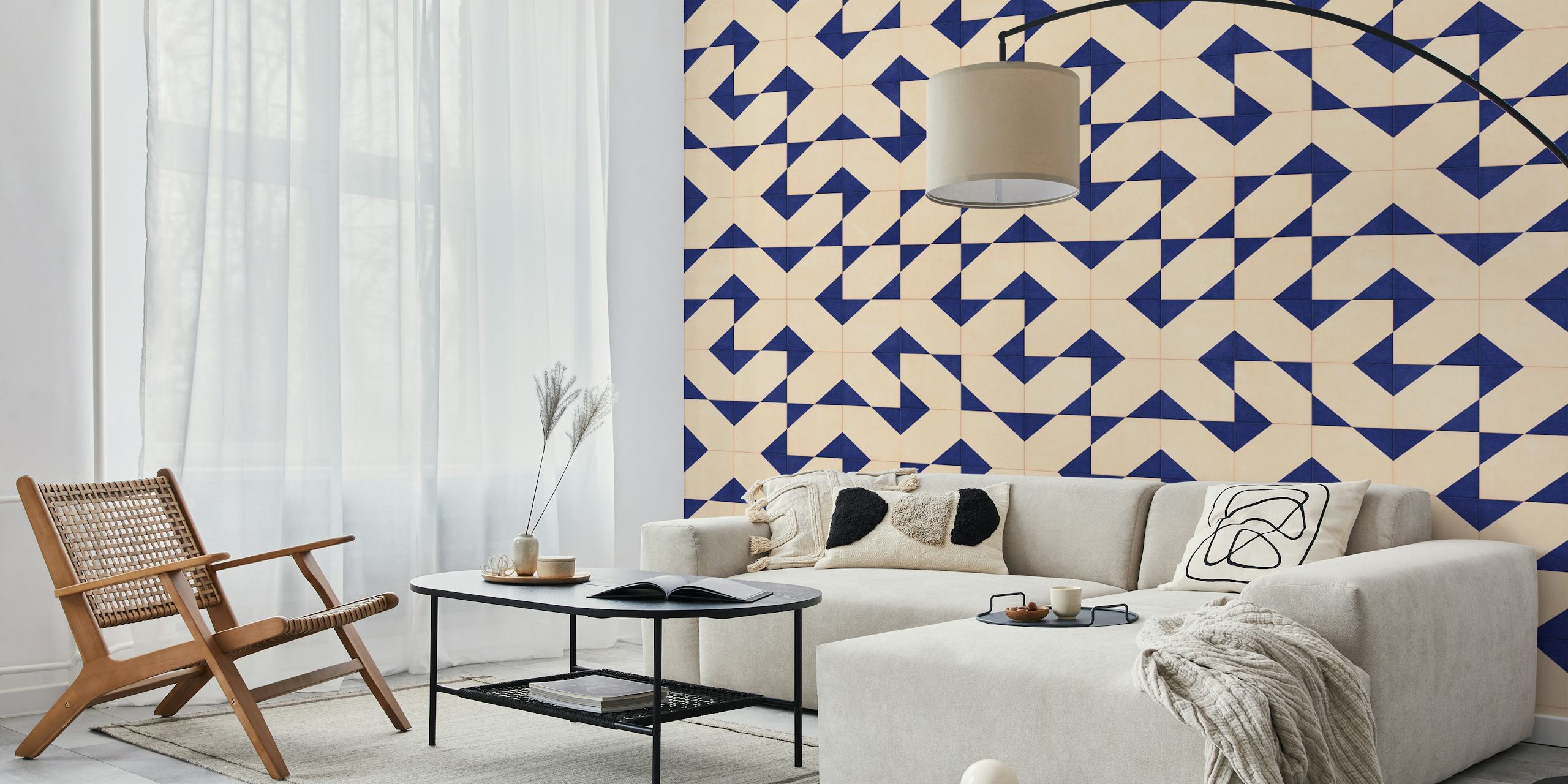 Veggmaleri med geometrisk beige og marine fliser