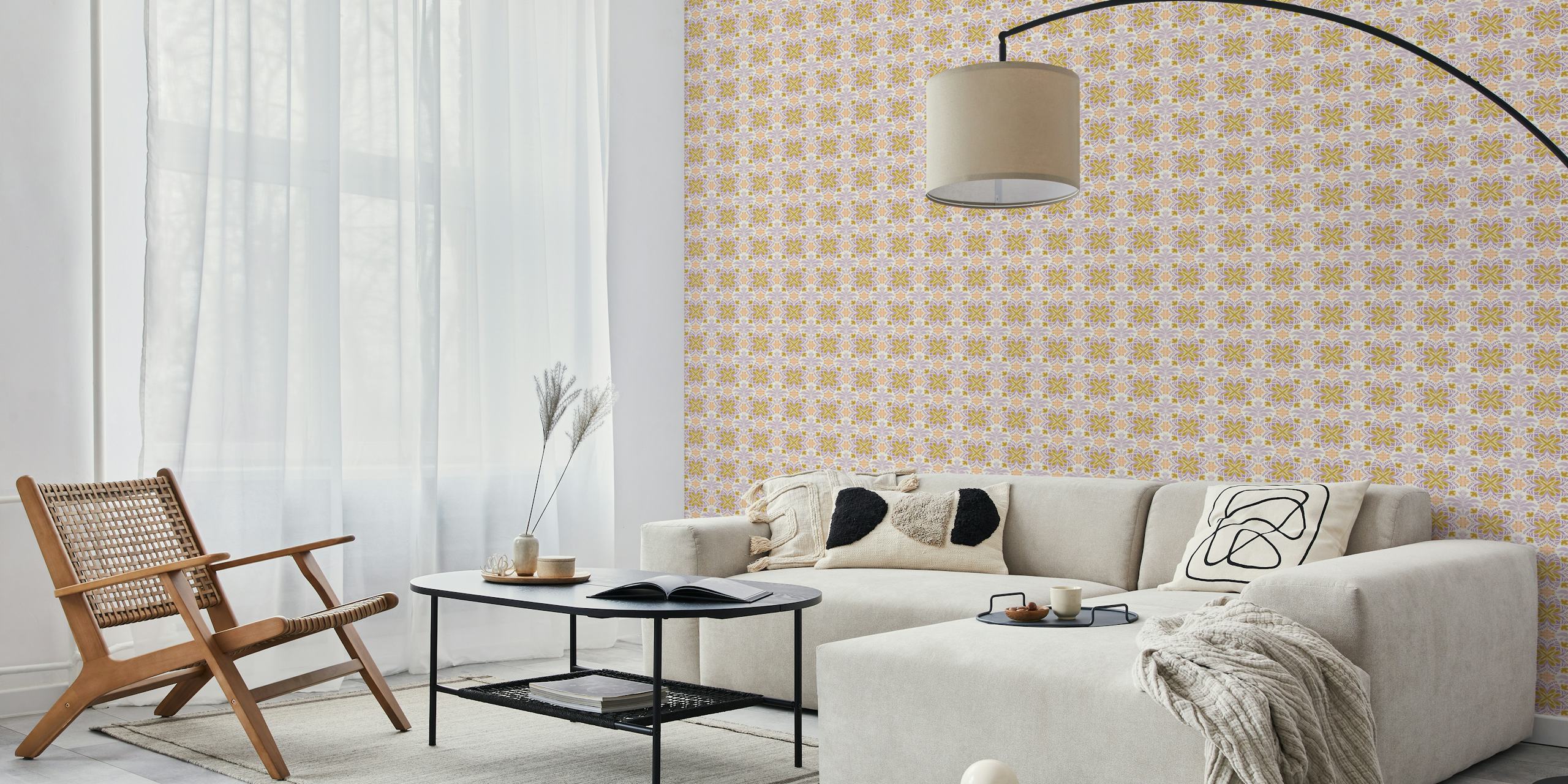 Purple floral wallpaper featuring intricate patterns in lavender, peach, and gold tones