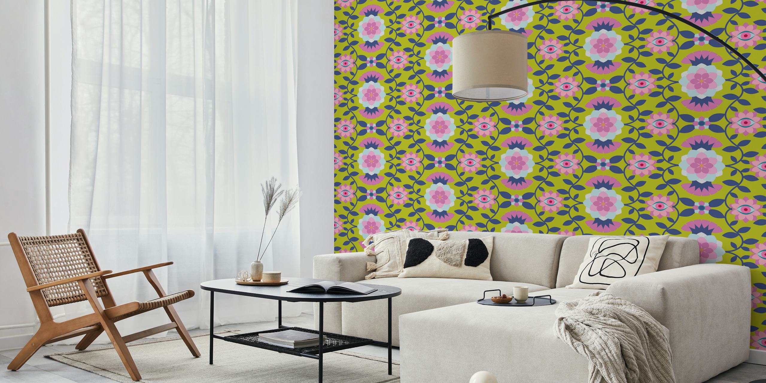 Bold Exotic Floral Pink Lime Blue wall mural with vibrant flowers and leaves pattern