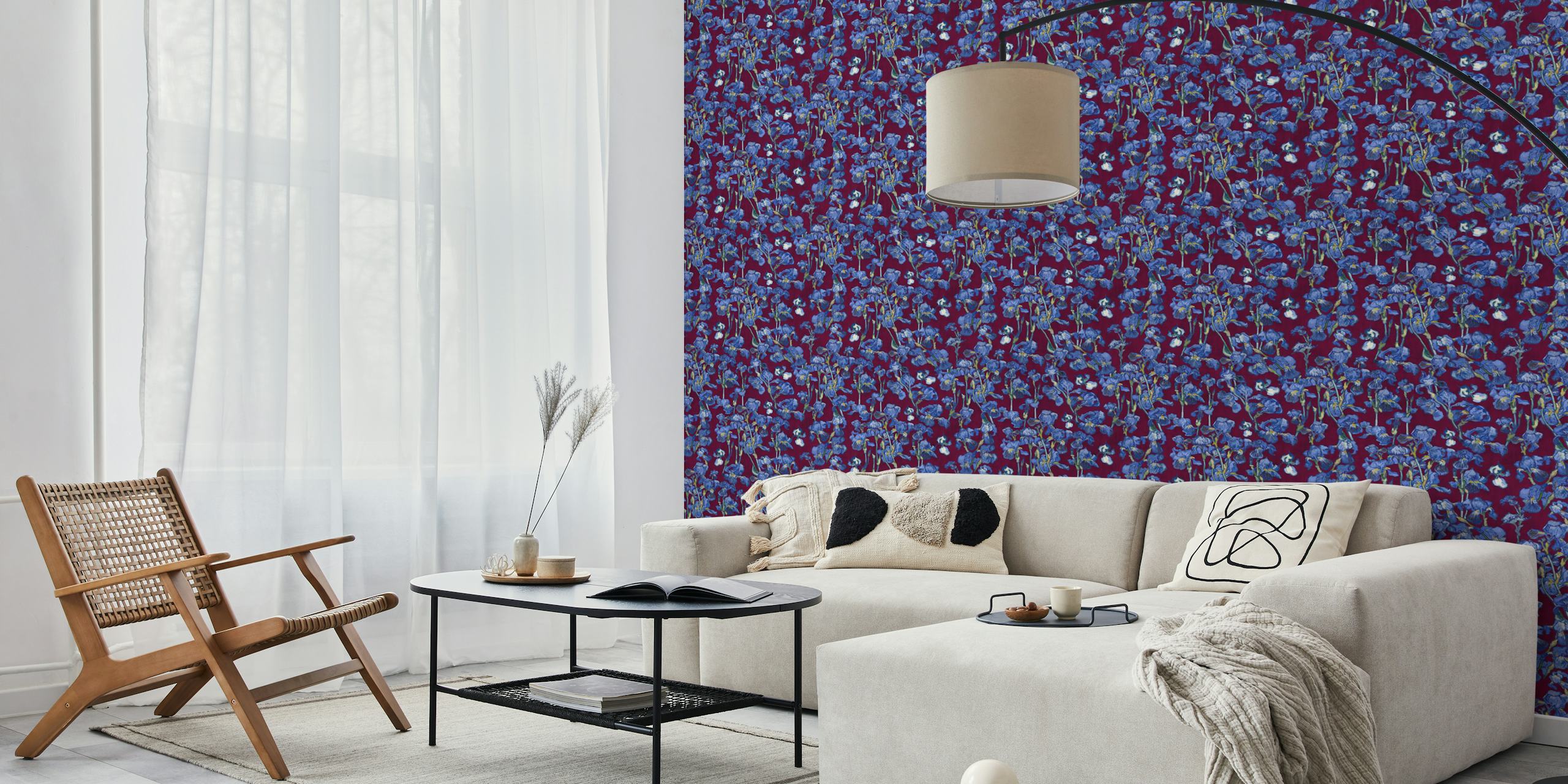 Διακόσμηση τοίχου Van Gogh Irises pattern με χρώματα burgundy red και cobalt blue
