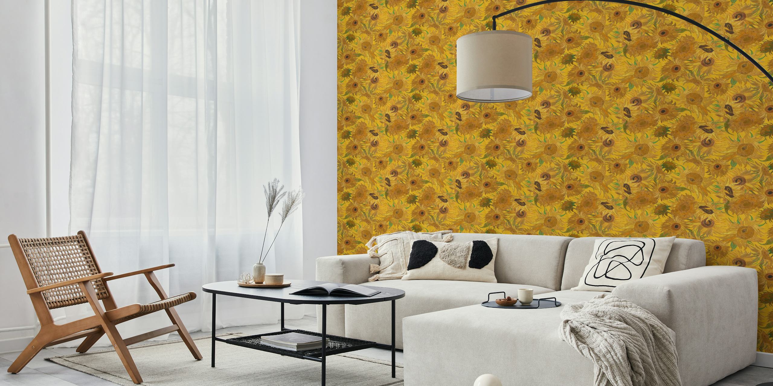 Sunflower pattern wallpaper in a bright room