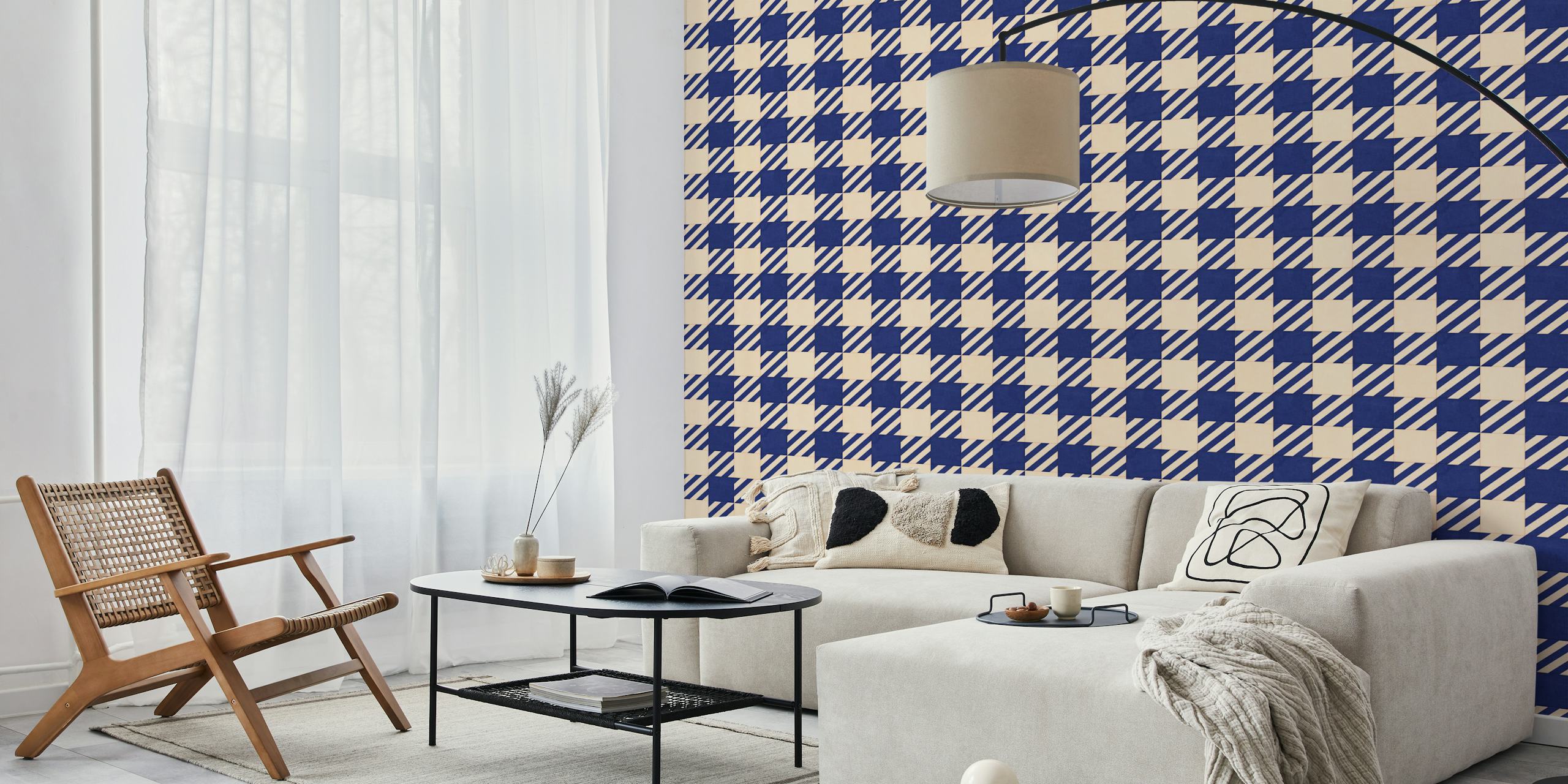 Gingham pattern wallpaper featuring blue and beige stripes