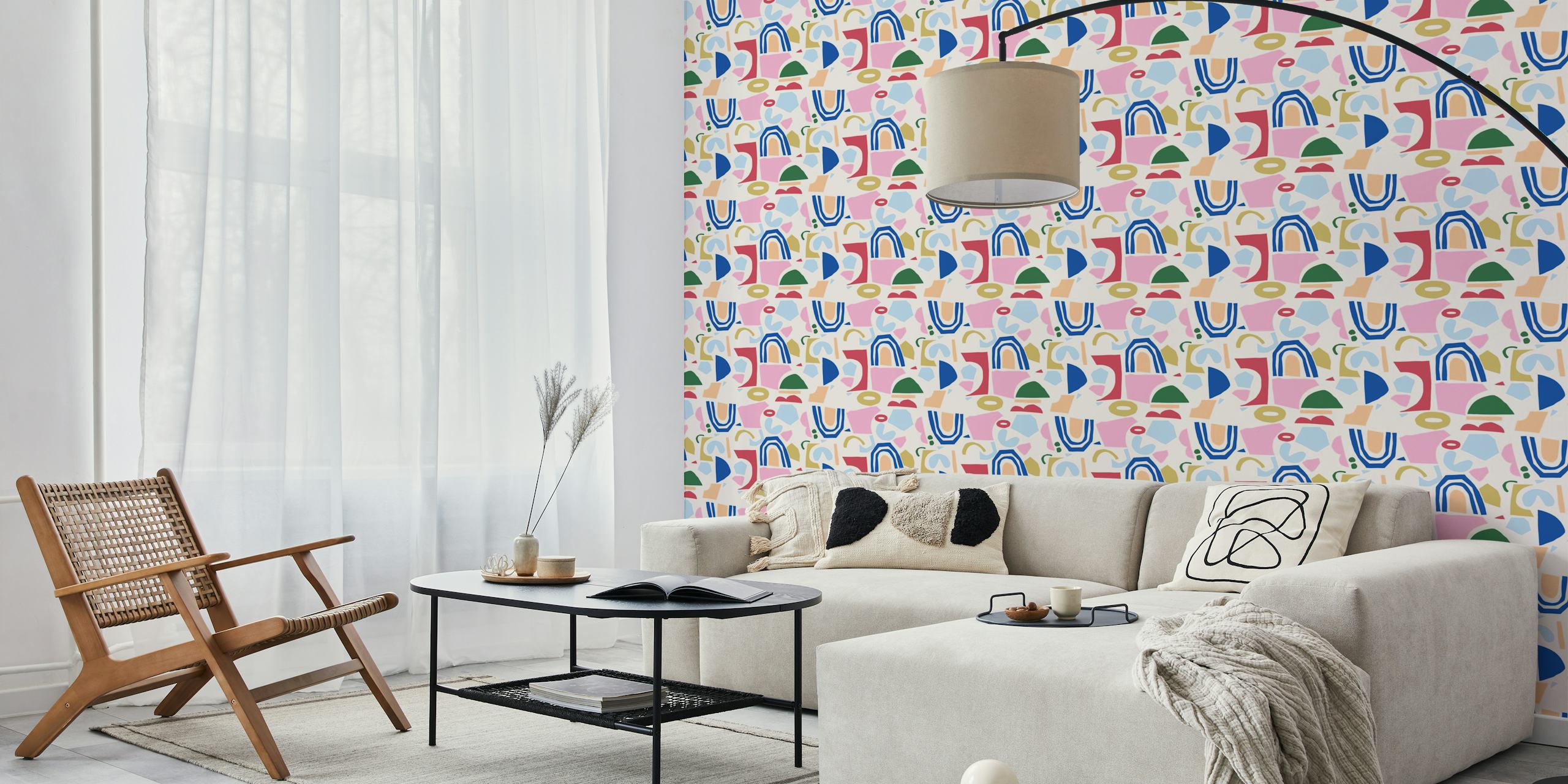 Multicolored abstract shapes in pink, blue, green, and yellow wallpaper