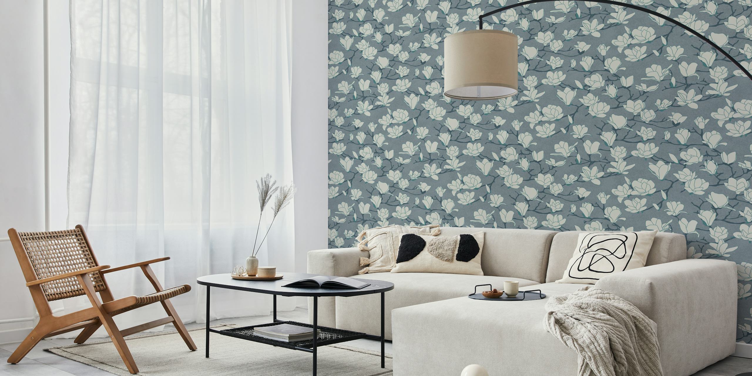 White magnolia blossoms on slate gray background wall mural