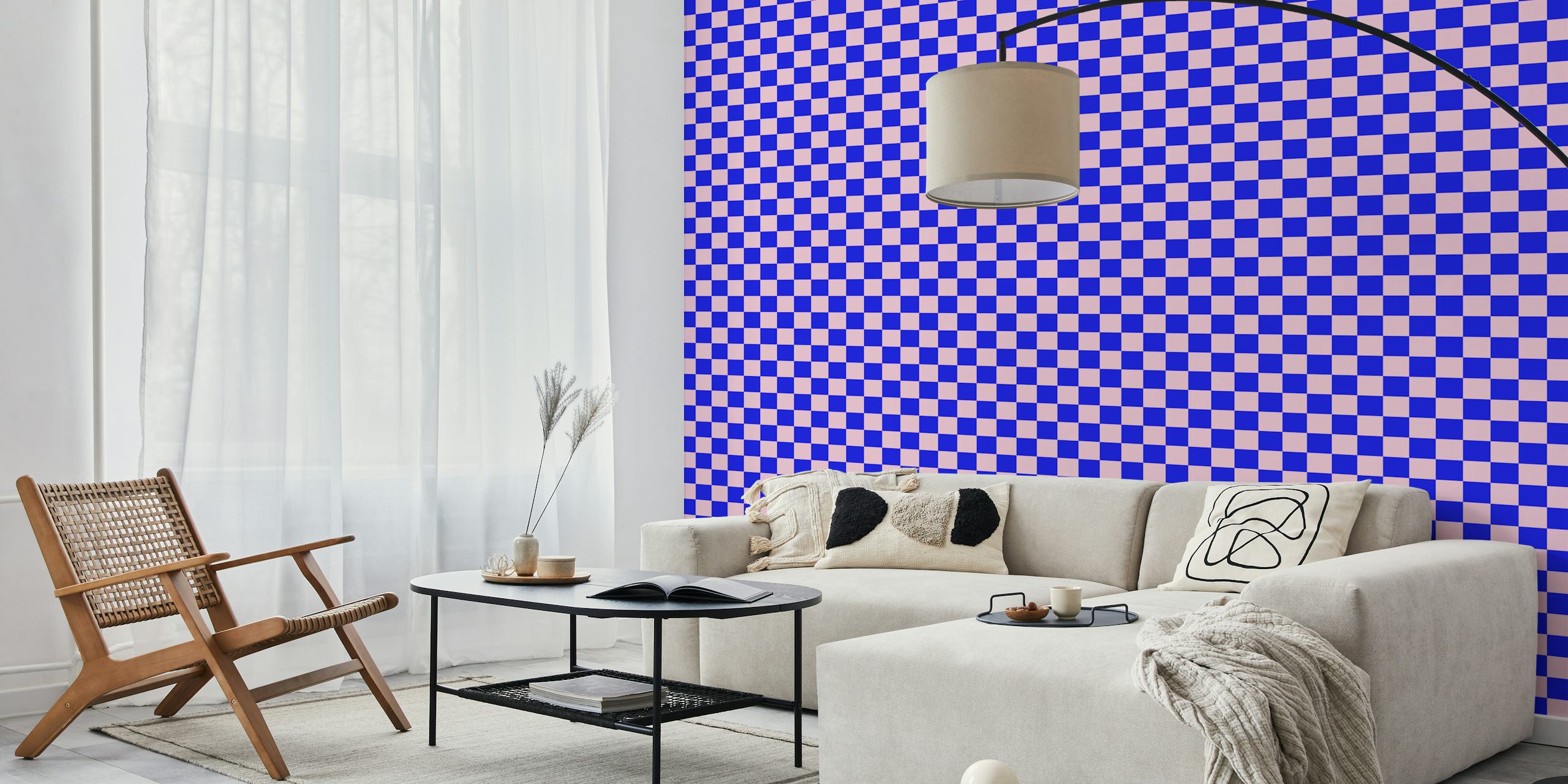 Pink and blue checker wallpaper in a room