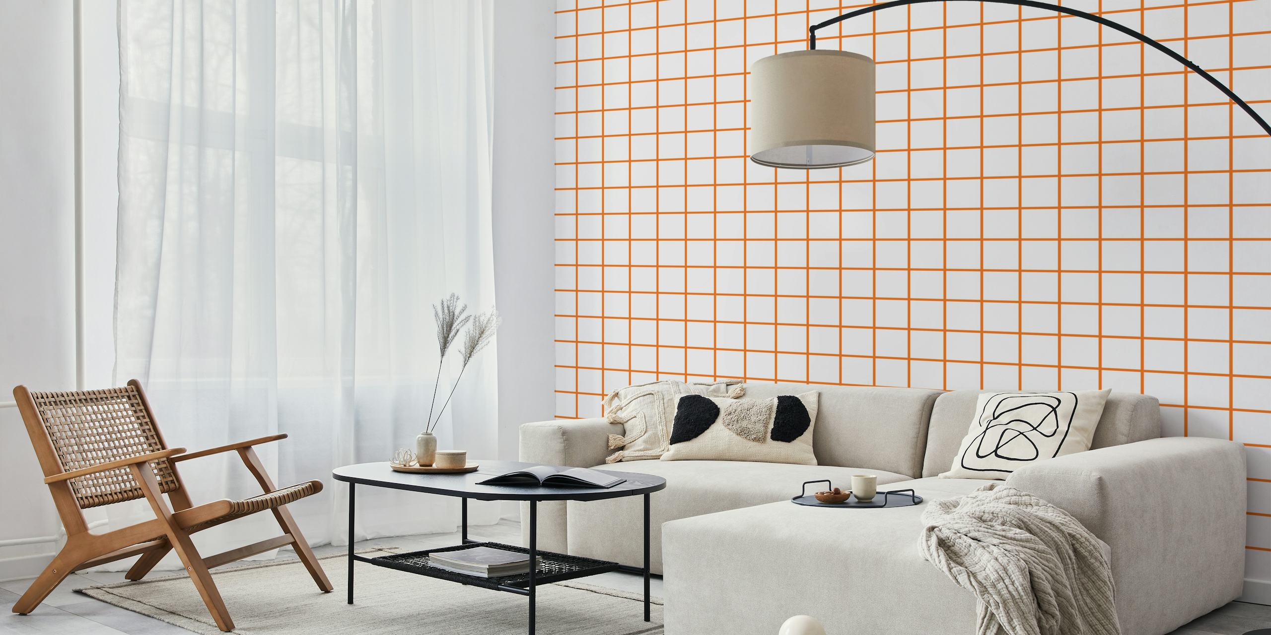 Geometric orange grid pattern on white background wallpaper