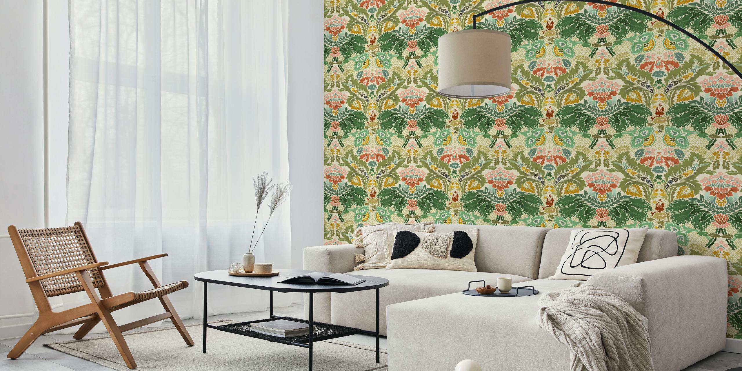 Vintage floral damask pattern in green and pink on ivory wallpaper
