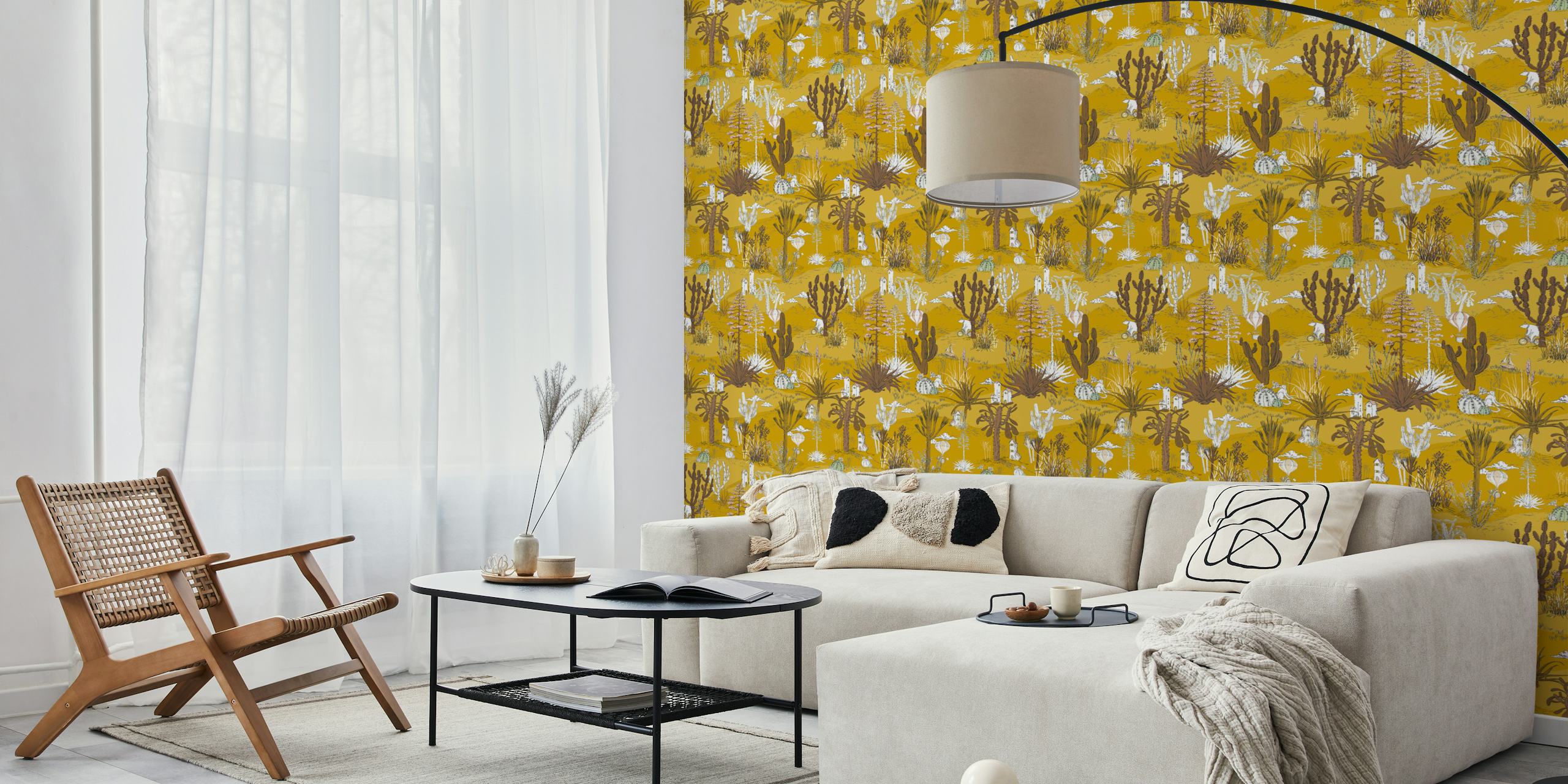 Whimsical cactus landscape wallpaper in mustard yellow