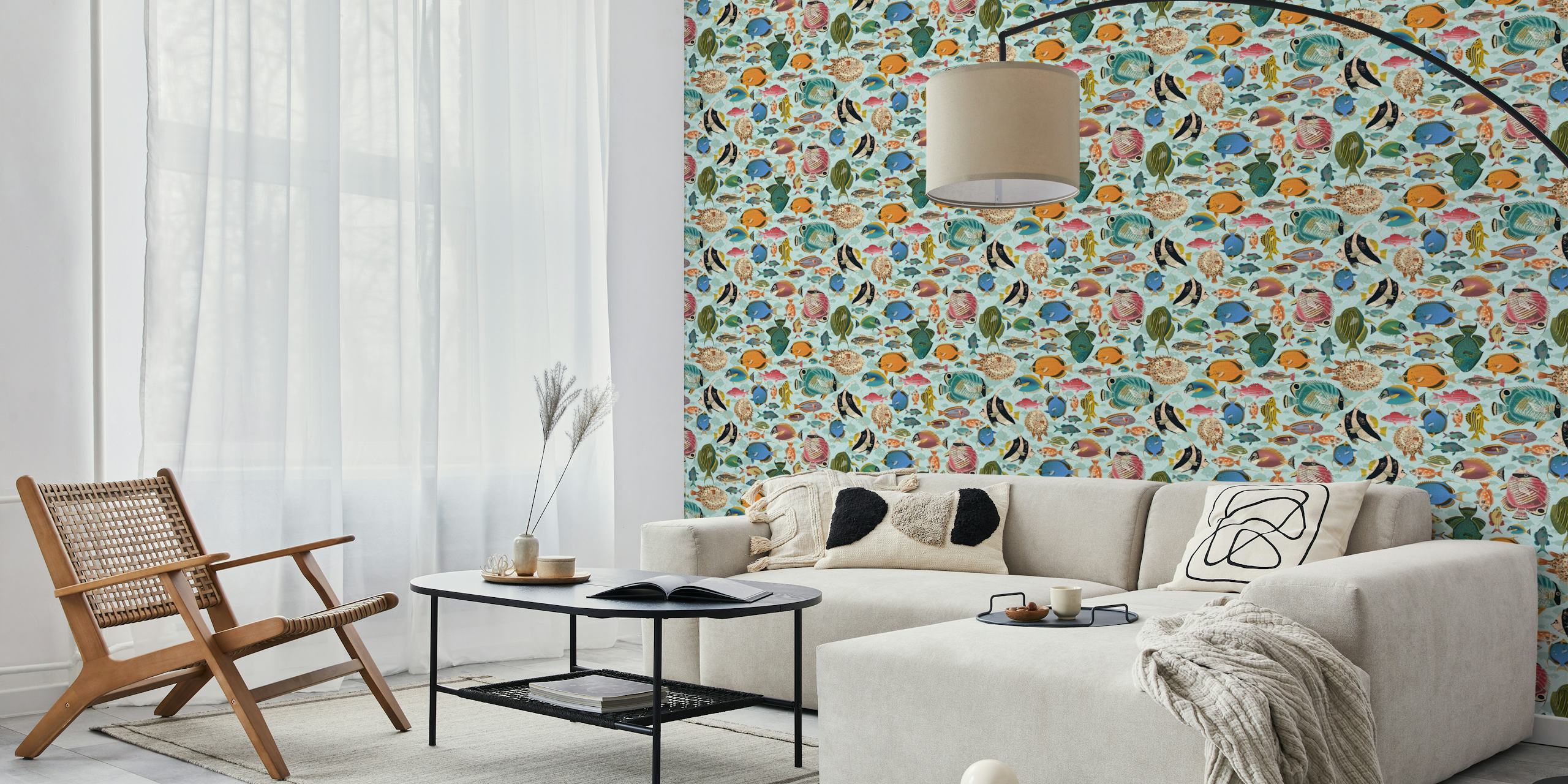 Fishes everywhere mint wallpaper in a room