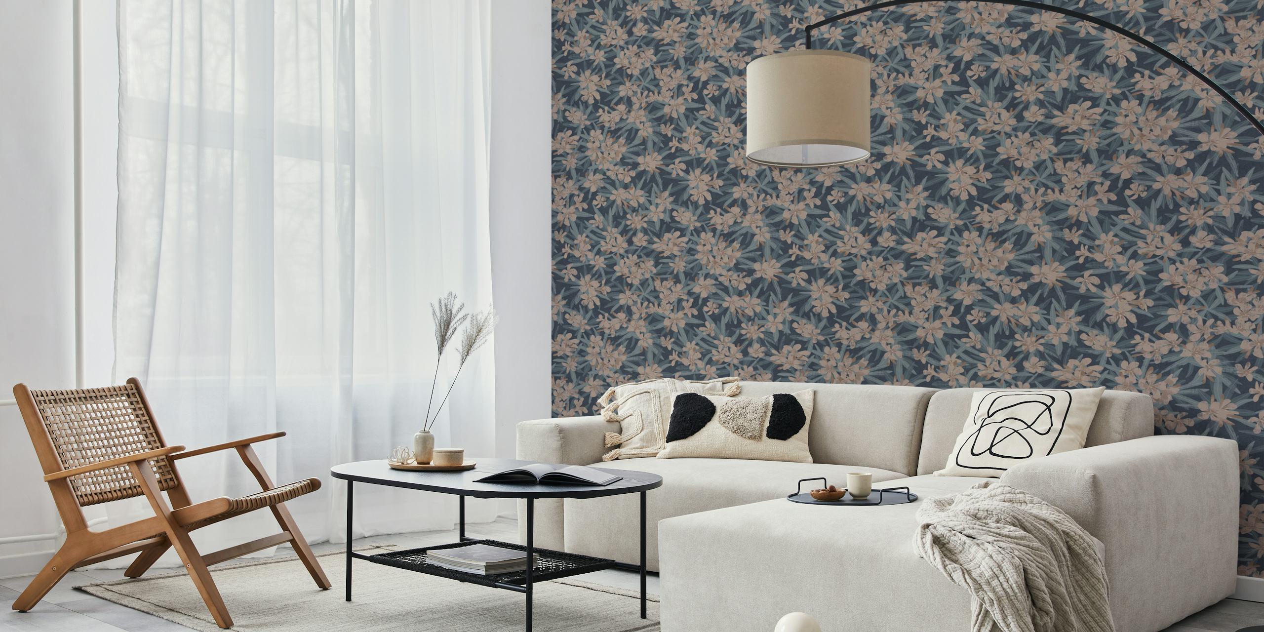 Oleander blue & taupe floral wallpaper in a room.