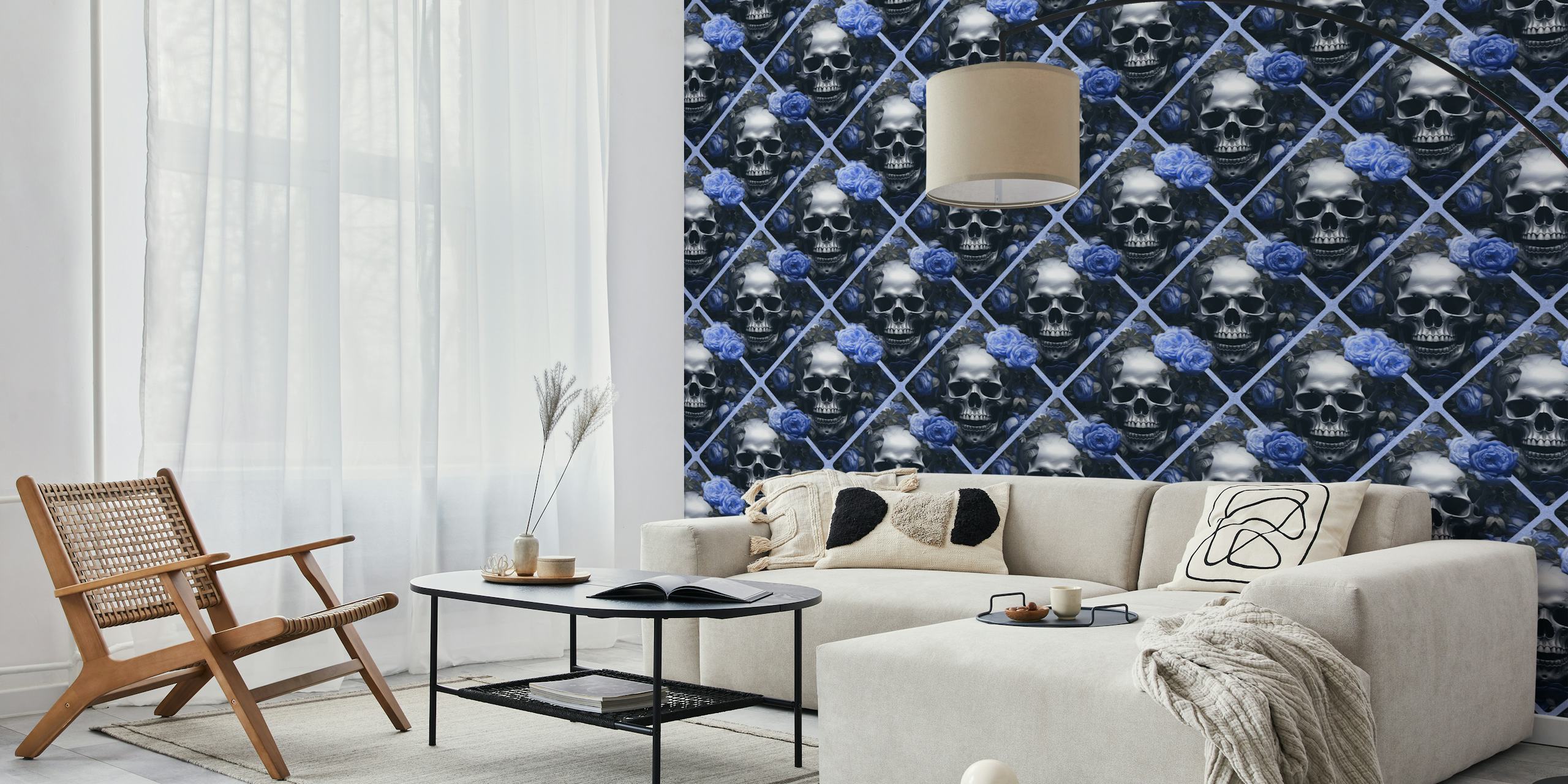 Skulls and roses wallpaper in a room