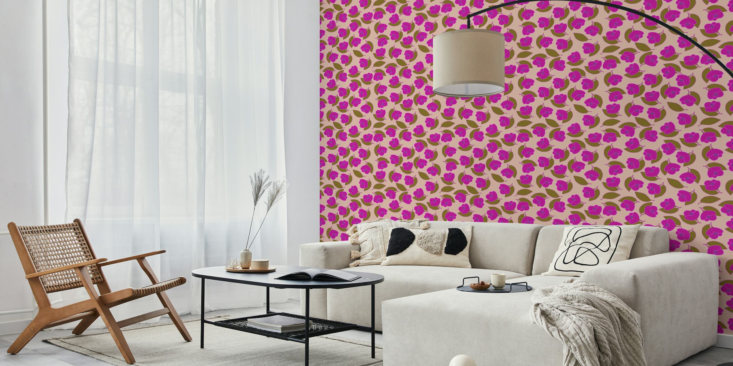Jasmine flower pattern wall mural with leaves on pastel pink background