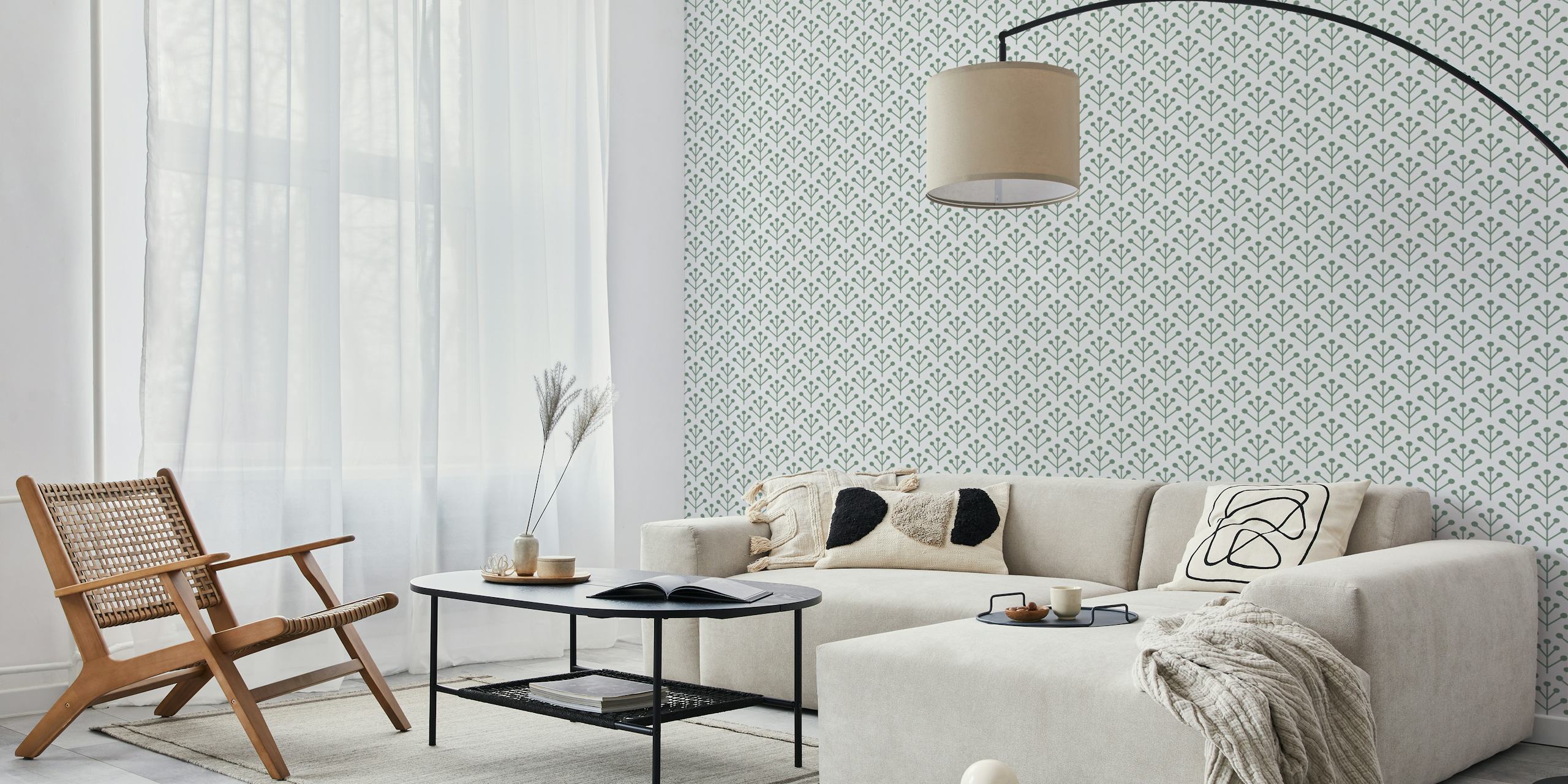 Scandinavian-style twig and berry pattern wall mural in green tones