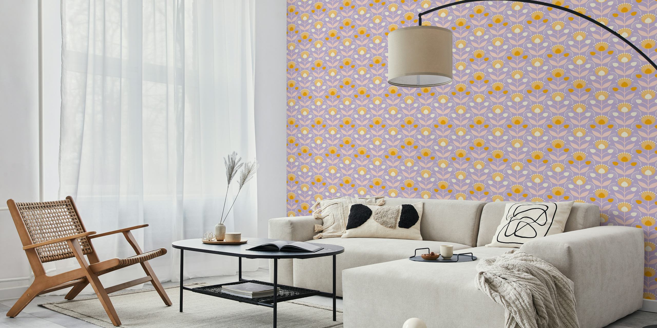 Maximalist floral retro lilac orchid wallpaper in a room