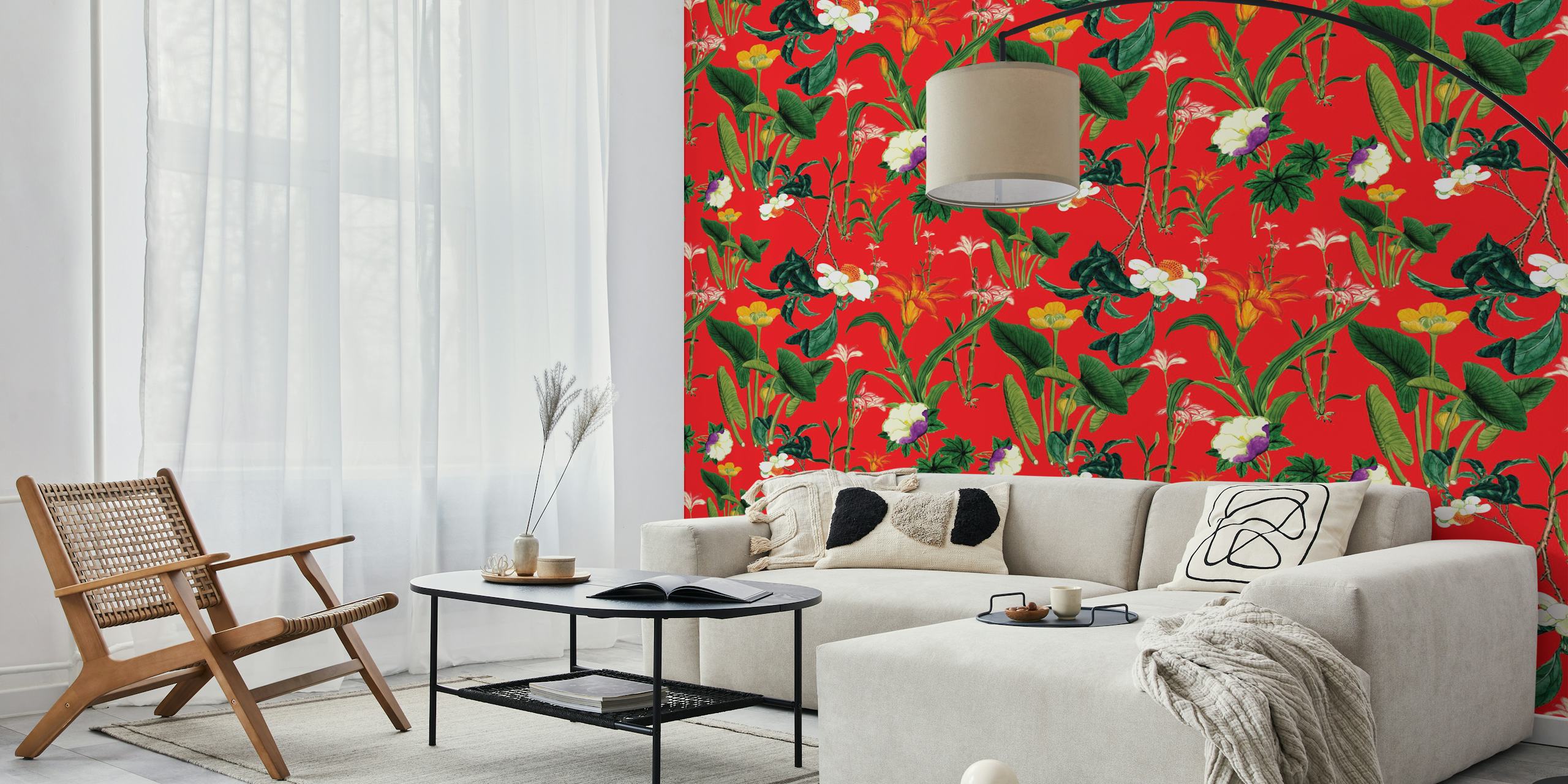 Colorful floral patterns on a crimson background wallpaper