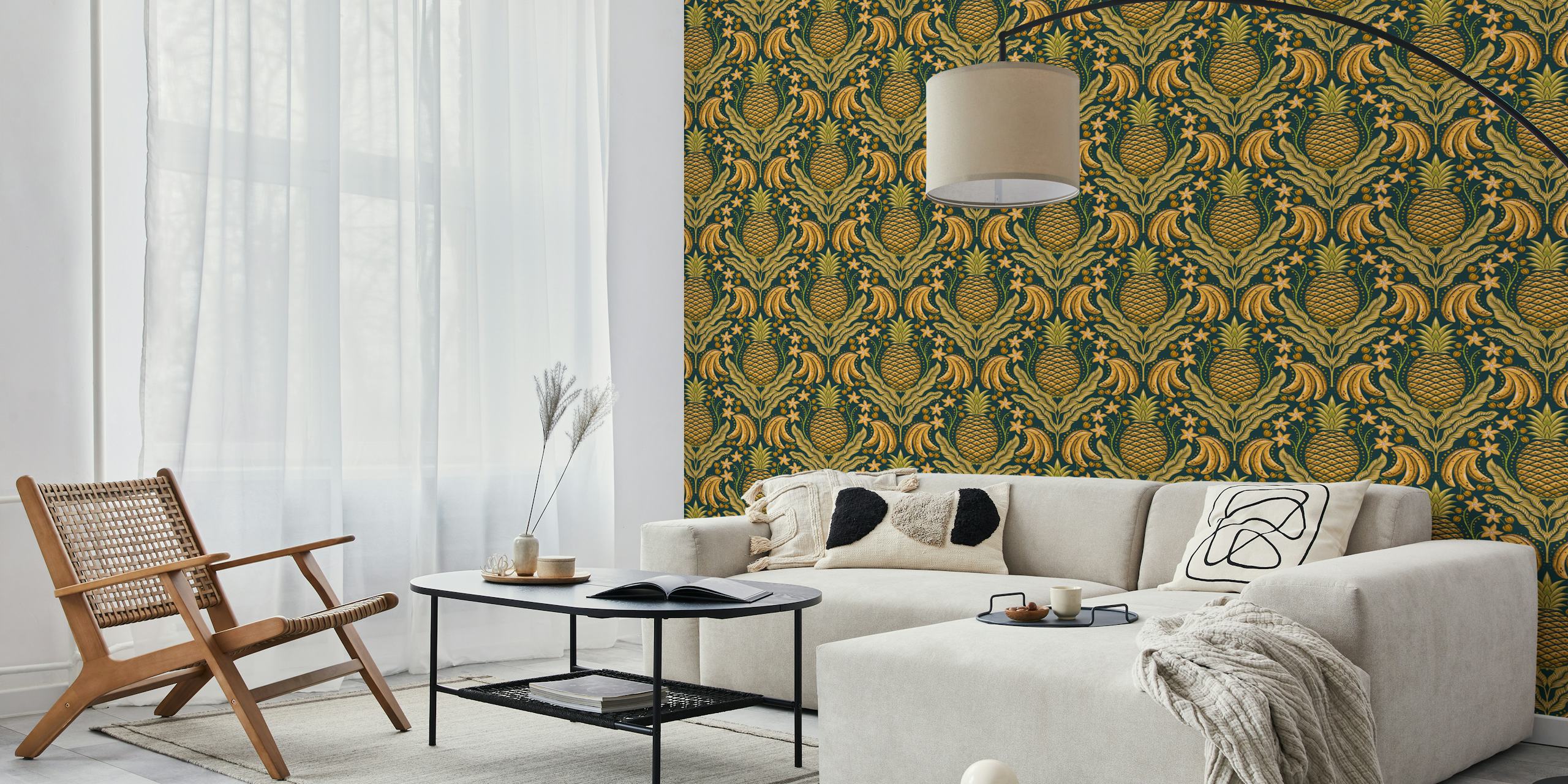 Tropical fruits damask wallpaper in a room