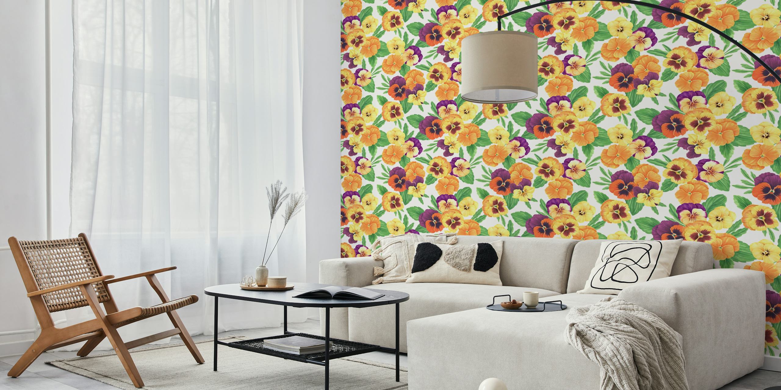Pansy flowers in various colors with green leaves on off white wallpaper