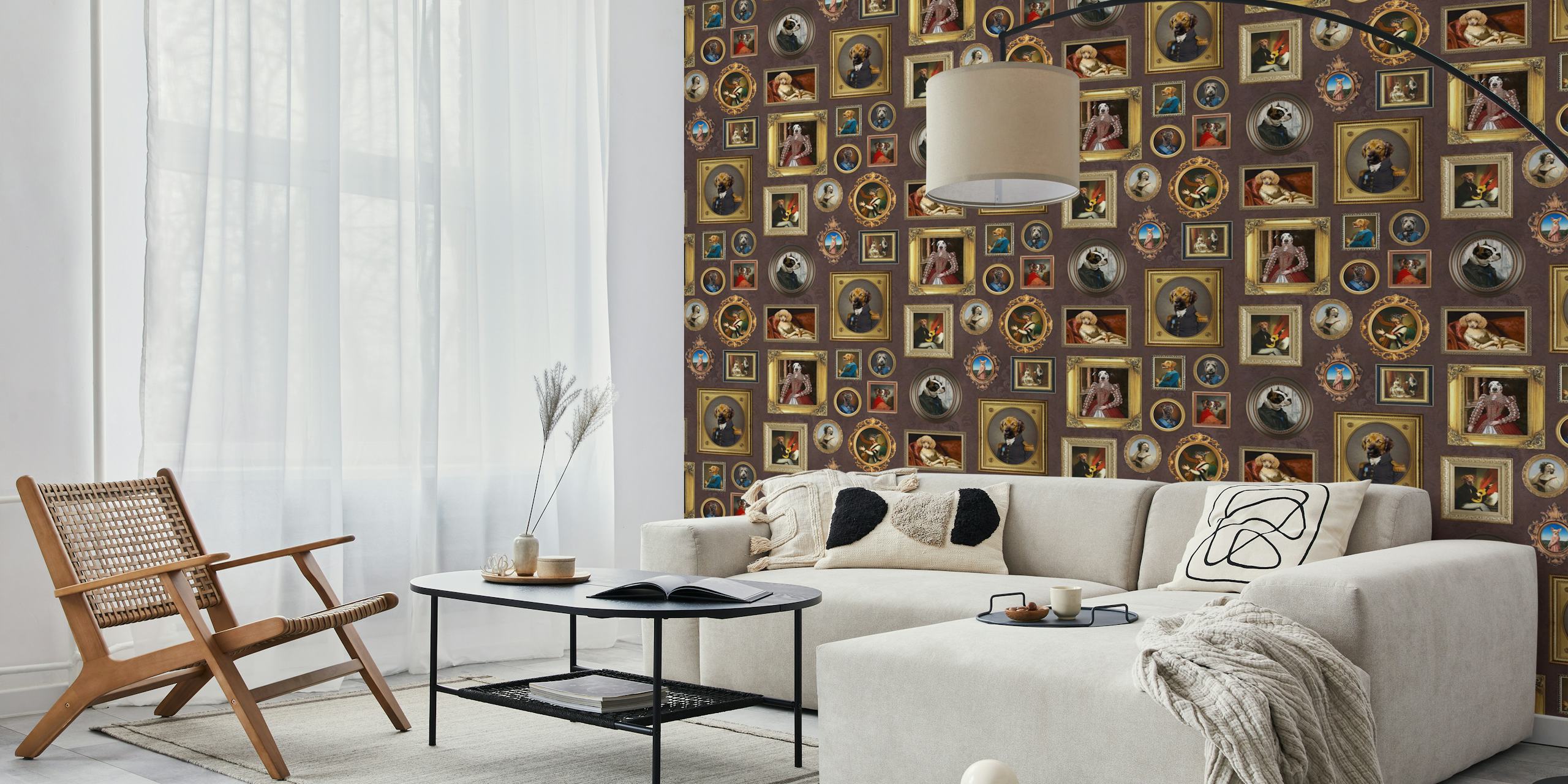 Elegant dog portraits in ornate frames on a chocolate-colored background wall mural