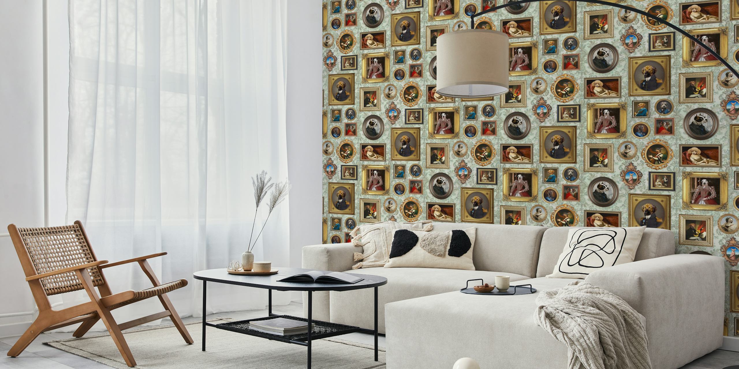 Dog Portraits in vintage frames on a sage mint background wallpaper