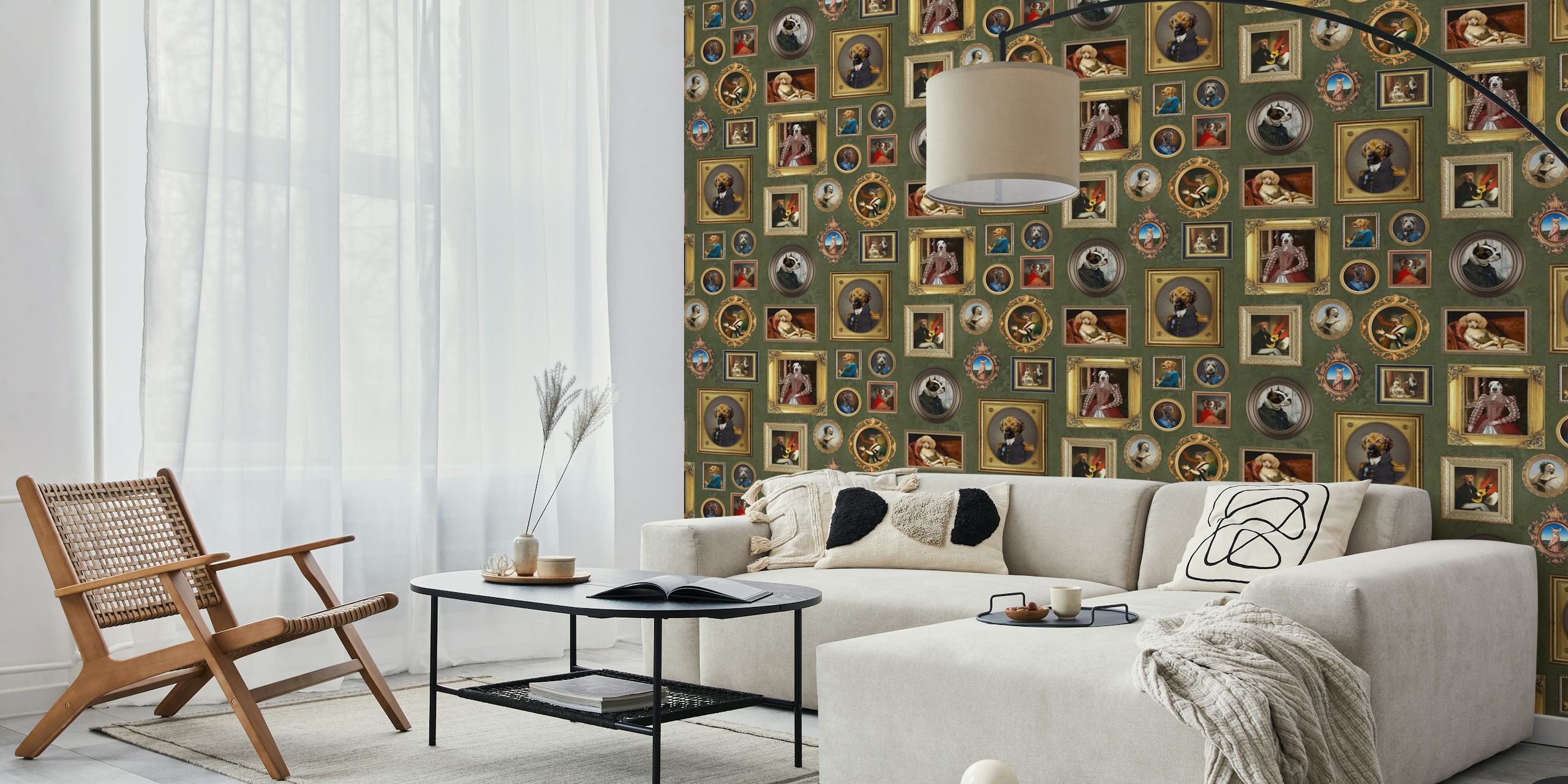 Dog portrait wallpaper with vintage frames in olive green