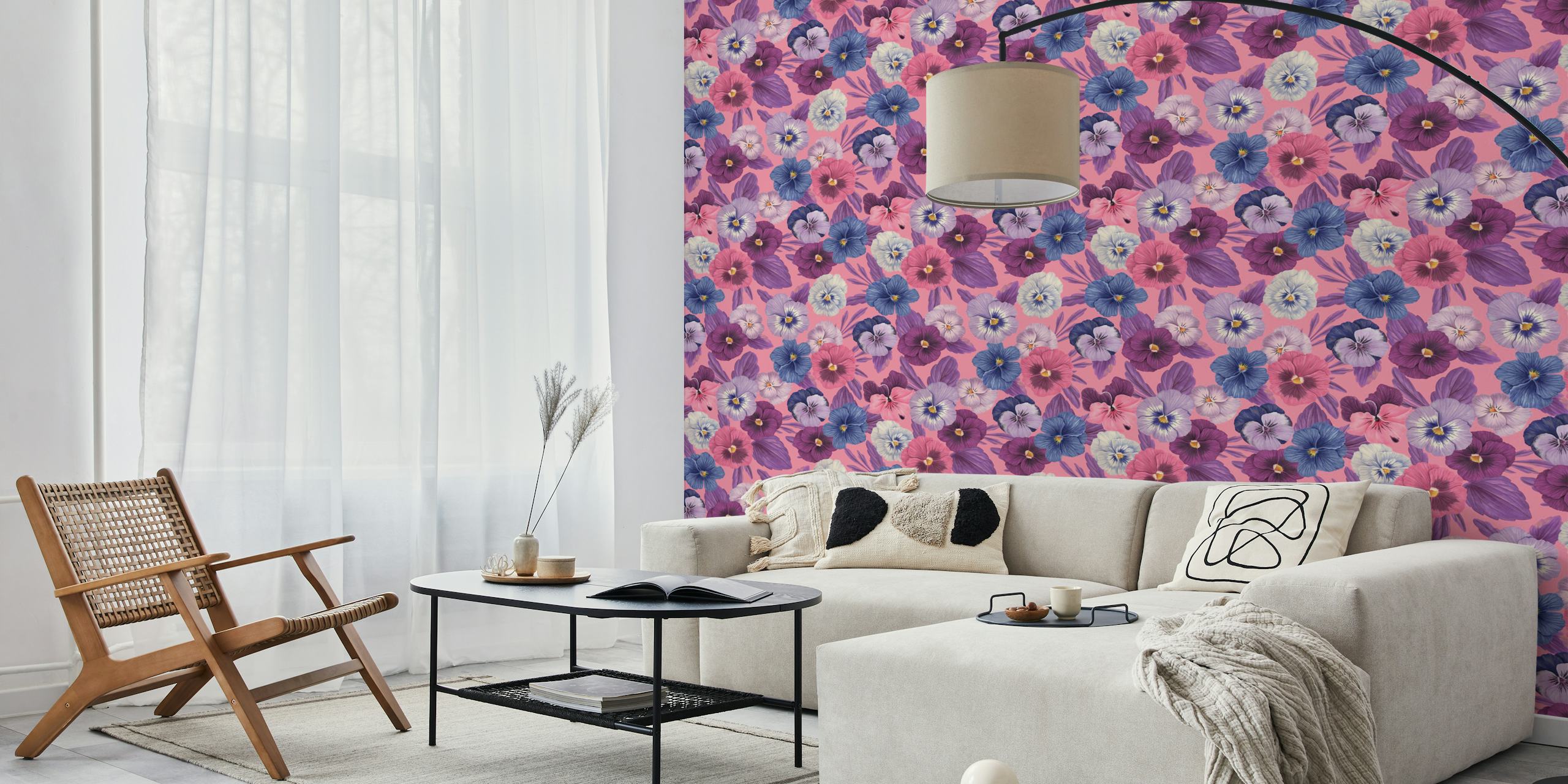 Colorful pansies on pink background floral wallpaper