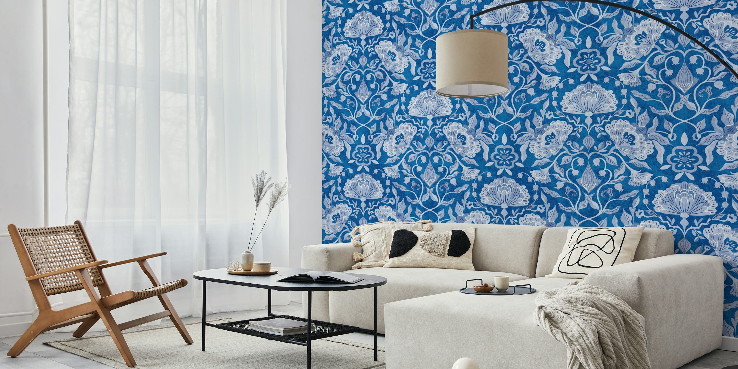 Peonies damask floral papier peint en bleu et blanc