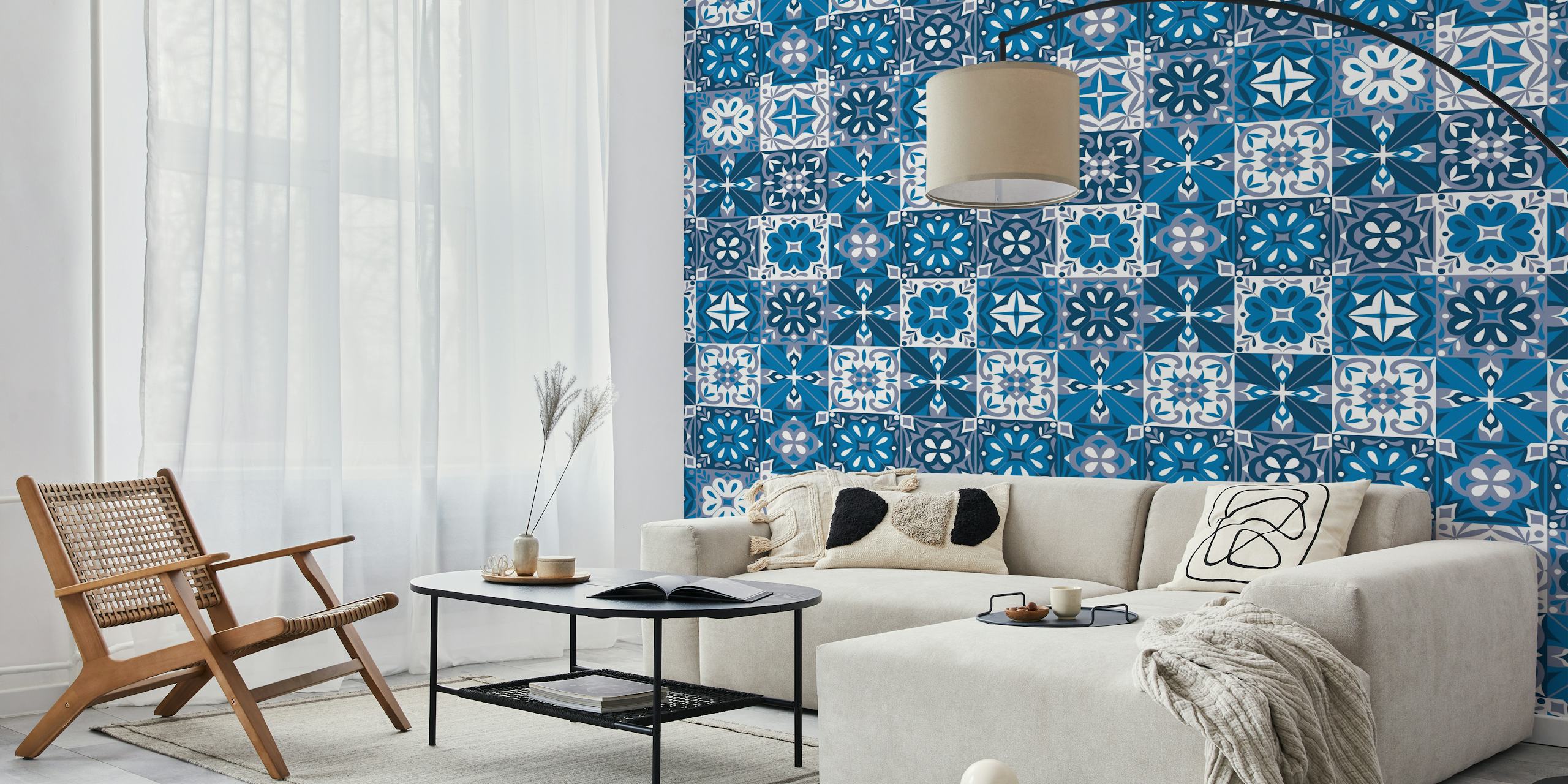 Portugalski wzór płytek Azulejo w kolorze niebieskim i białym na fototapecie