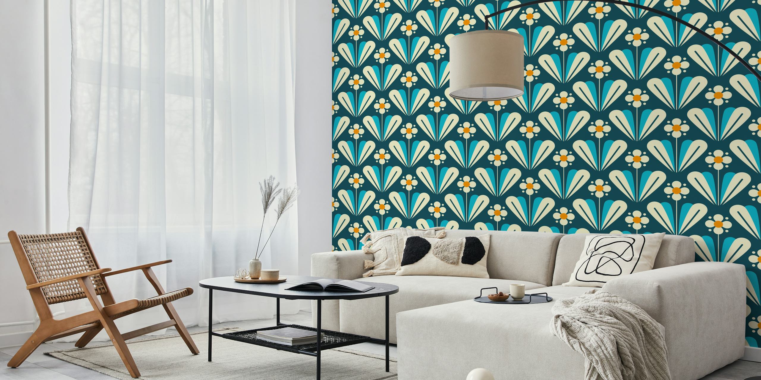 Blue Scandi daisies wallpaper in a room