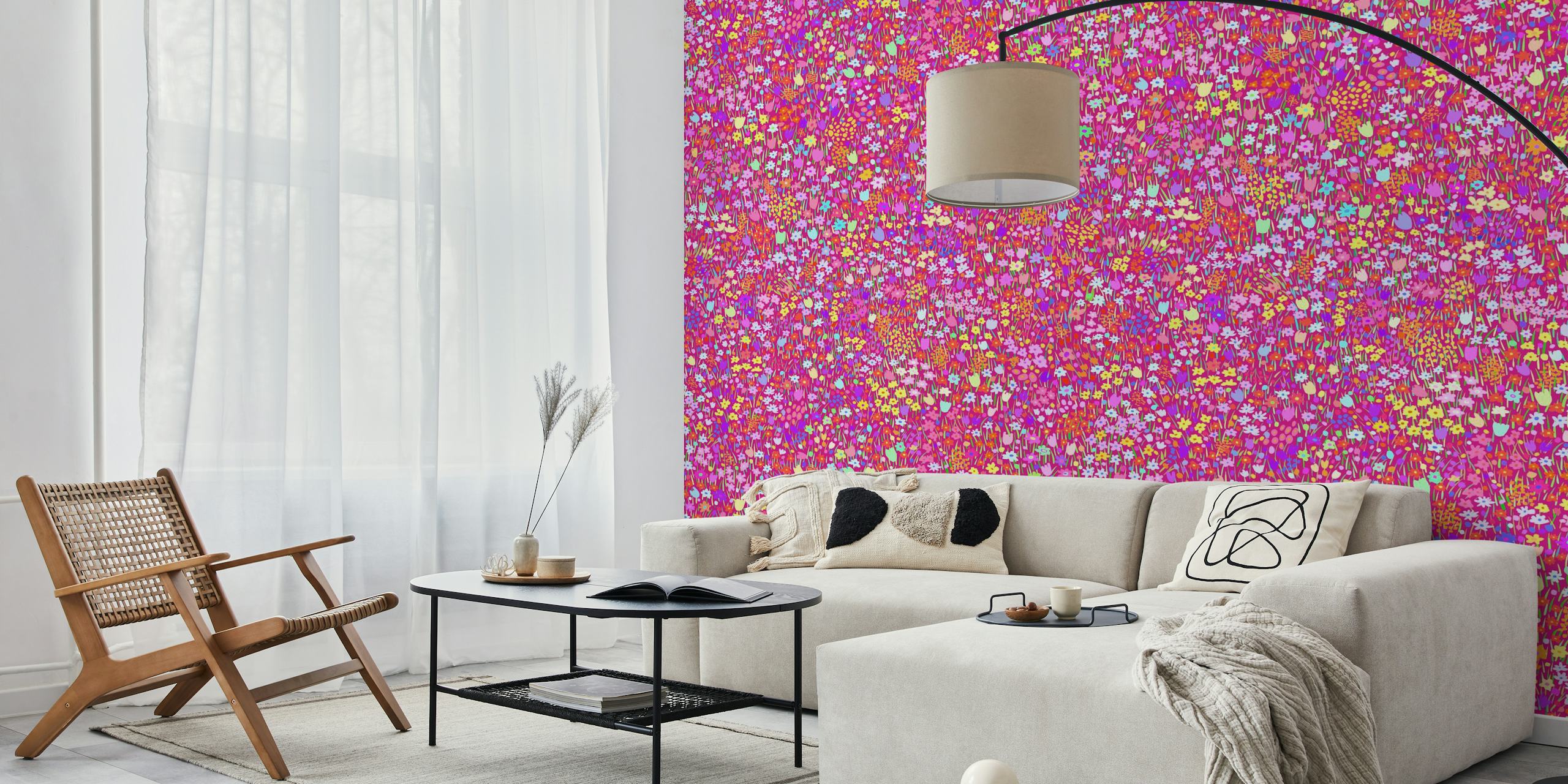 Colorful floral pattern in pink, orange, and purple wallpaper