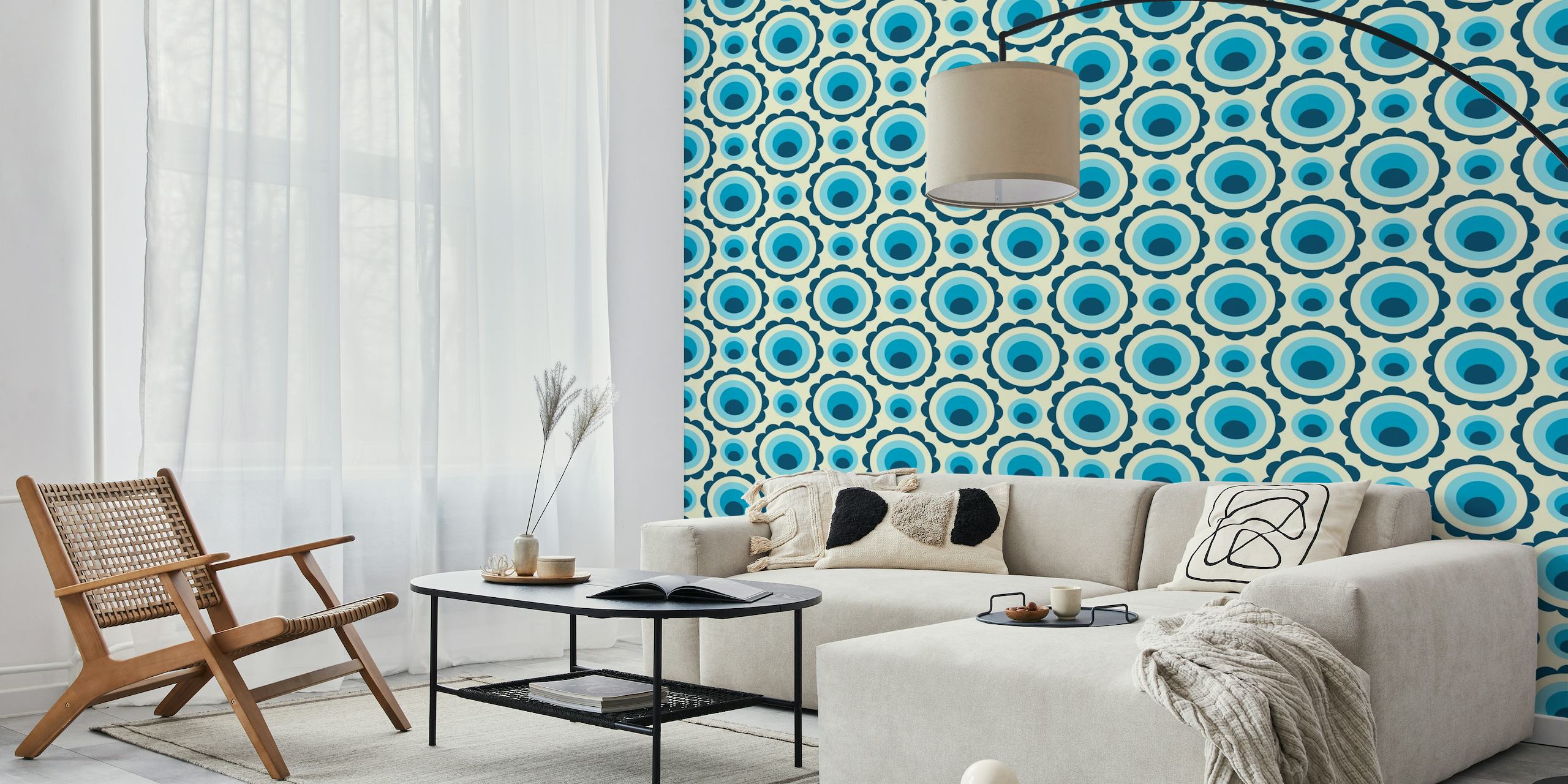 Fotomural círculos abstractos en azul y beige con un patrón retro