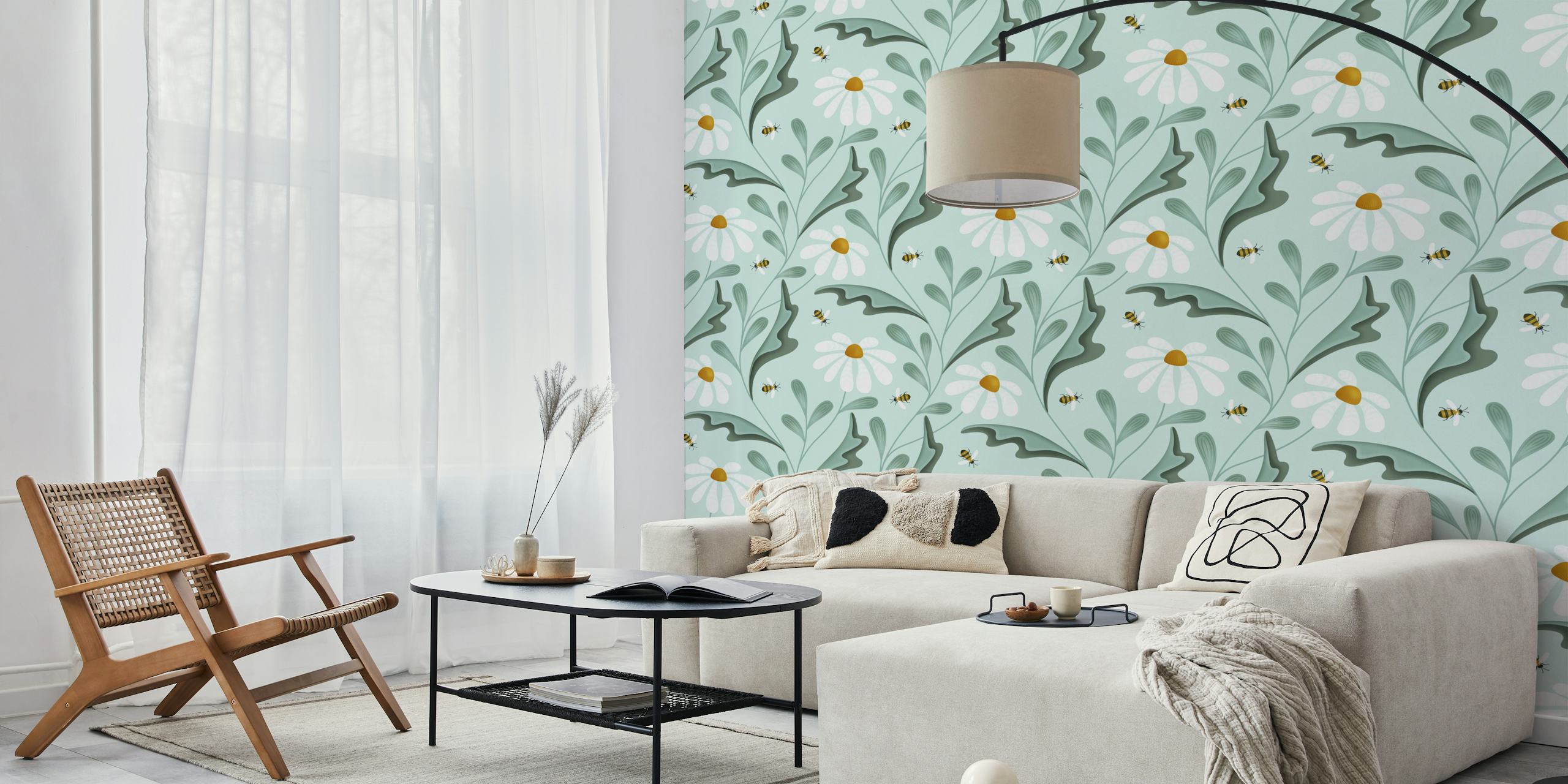 Floral design featuring bees and daisies on mint background wallpaper