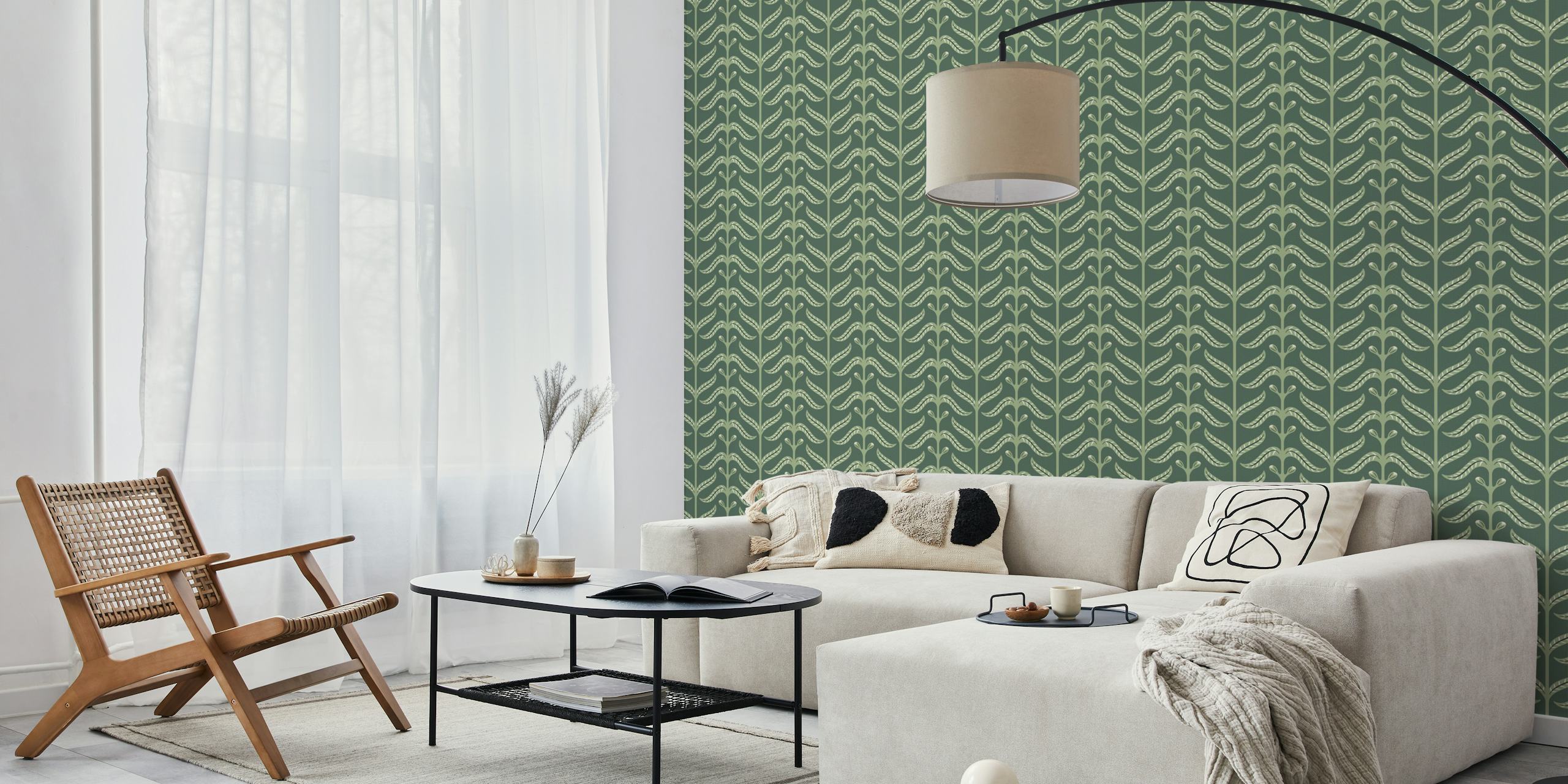 Botanical green leaves wallpaper with patterned vines, nature-inspired
