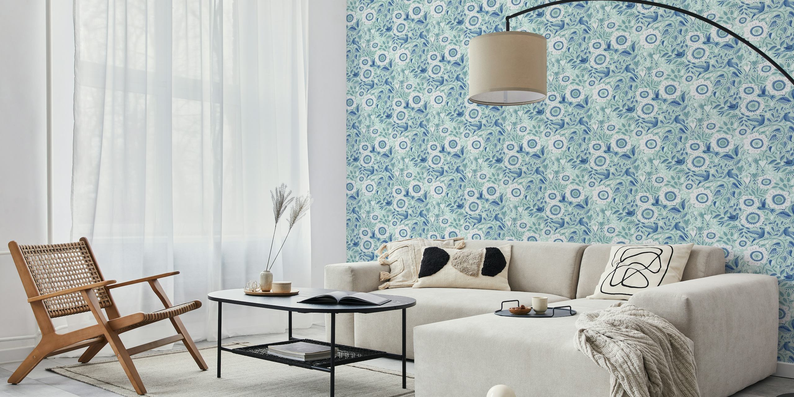 Blue birds and white flowers on mint wallpaper