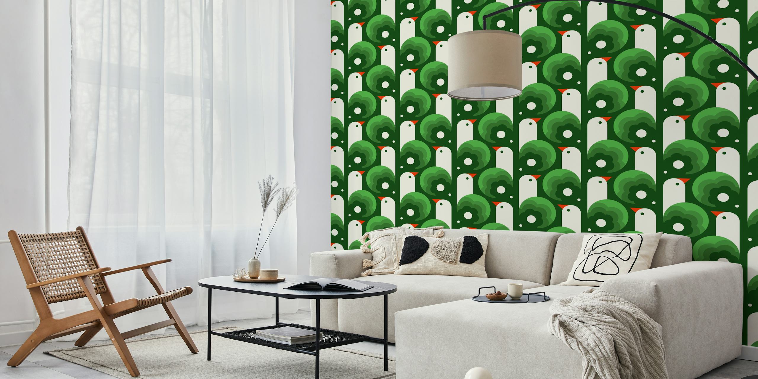 Green and white playful bird pattern wallpaper