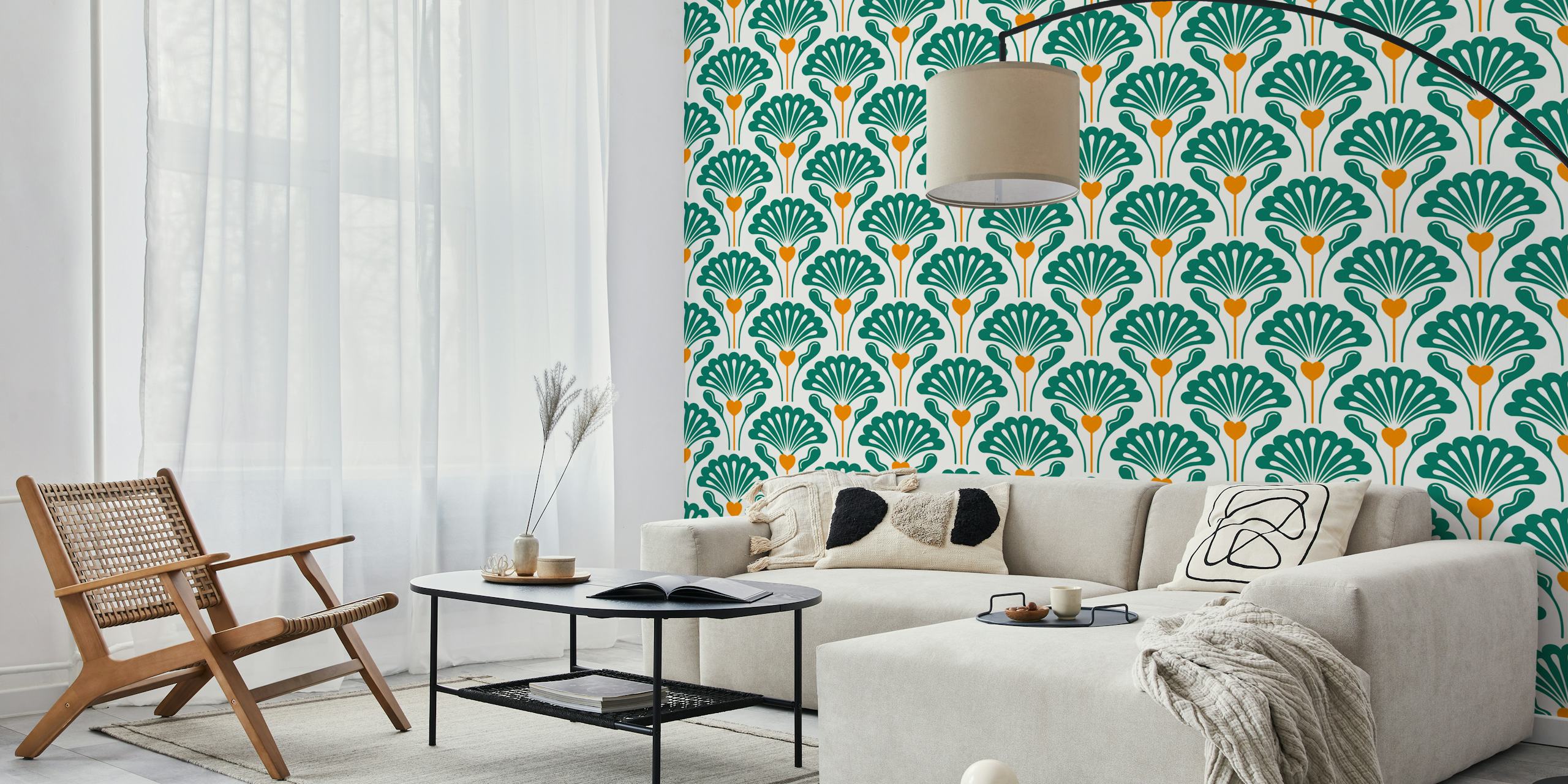 Floral patterns in green and orange on cream wallpaper